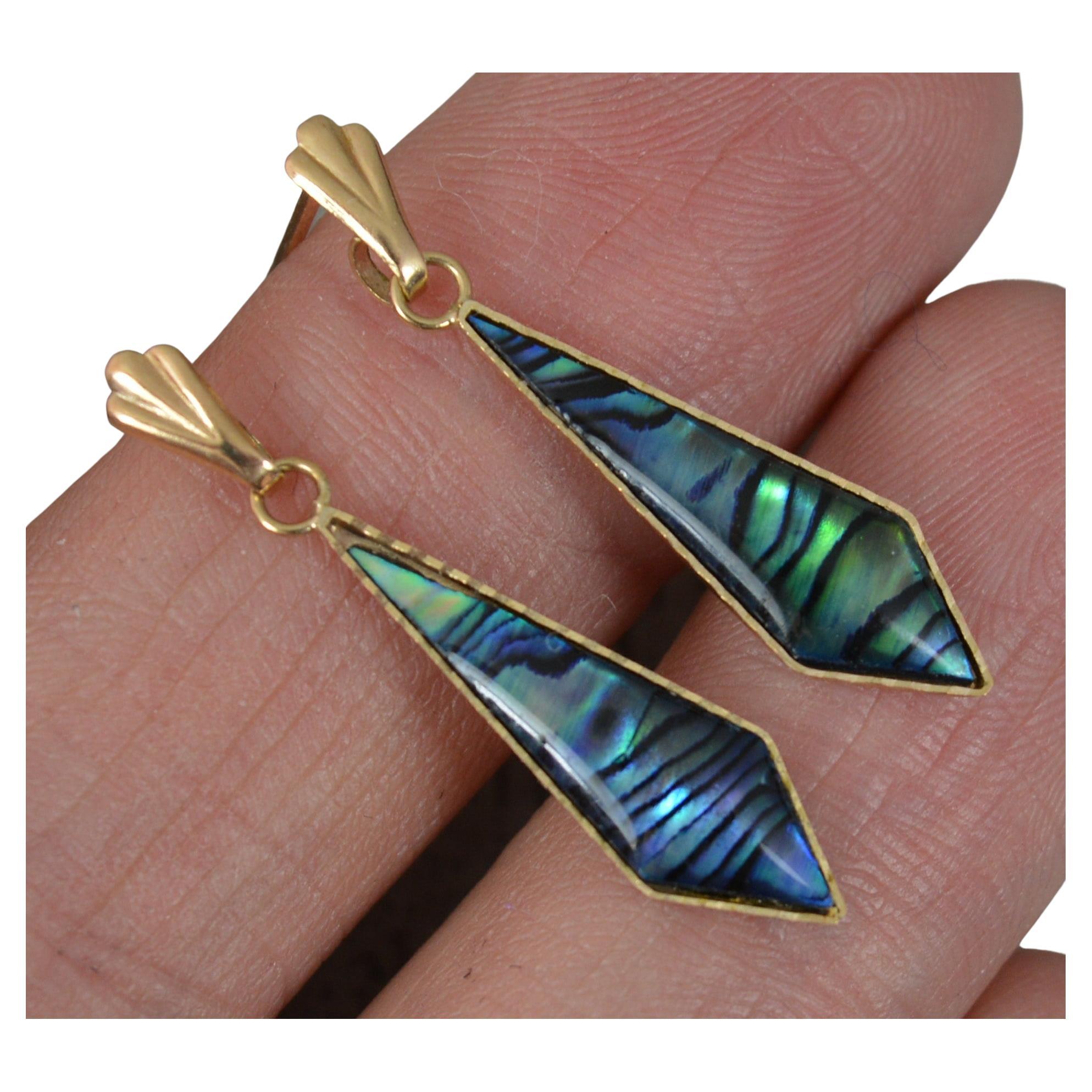 Beautiful 9 Carat Gold and Abalone Shell Kite Shaped Drop Dangle Earrings
