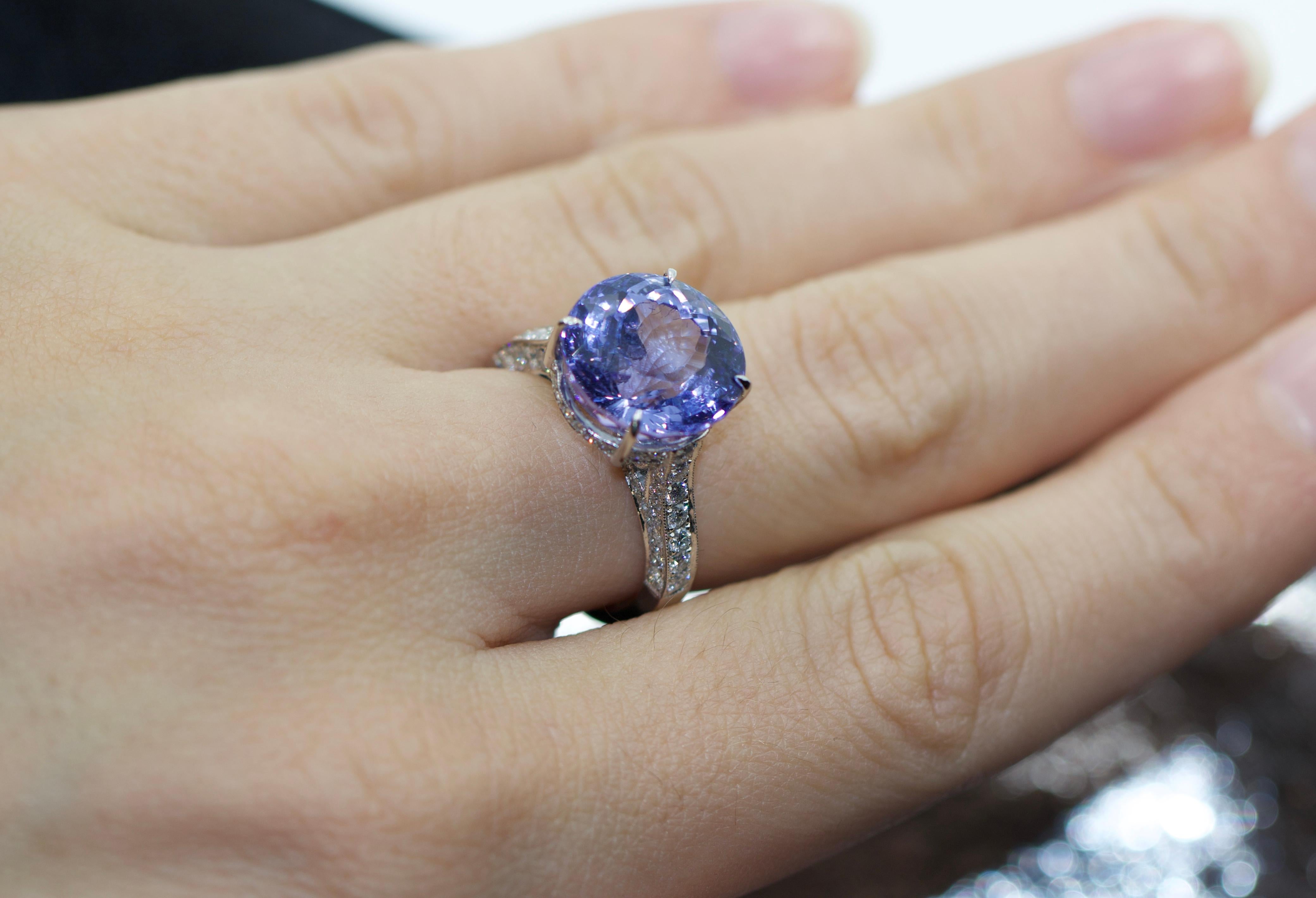 18KWG, 9.56 Carats NO HEAT Tanzanite, 0.96 Carat Diamonds, F-VS.