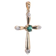 Beautiful 9k Yellow Gold Cross Pendant w/ 0.182ct Natural Emerald and Diamonds