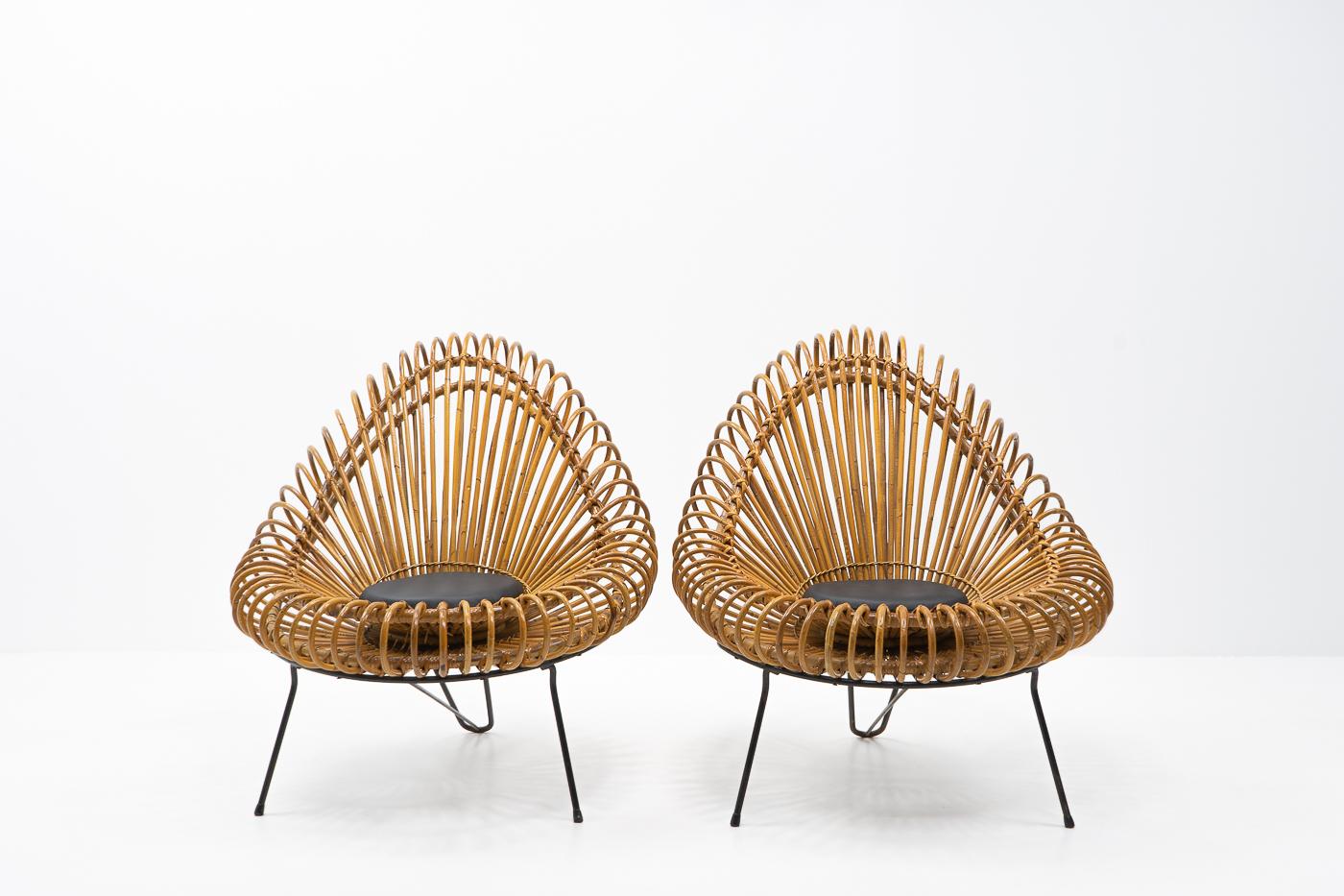 Mid-Century Modern Beautiful Abraham & Rol Lounge Chairs in Rattan, France, 1950s