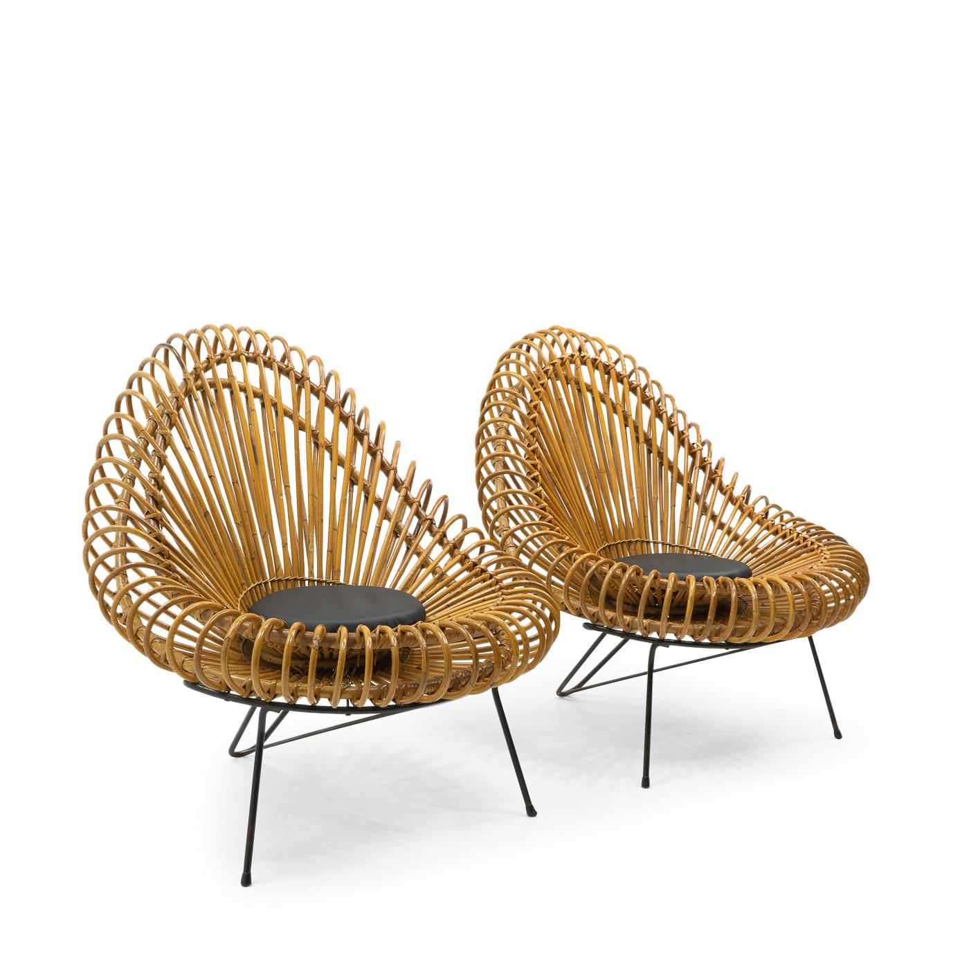 French Beautiful Abraham & Rol Lounge Chairs in Rattan, France, 1950s