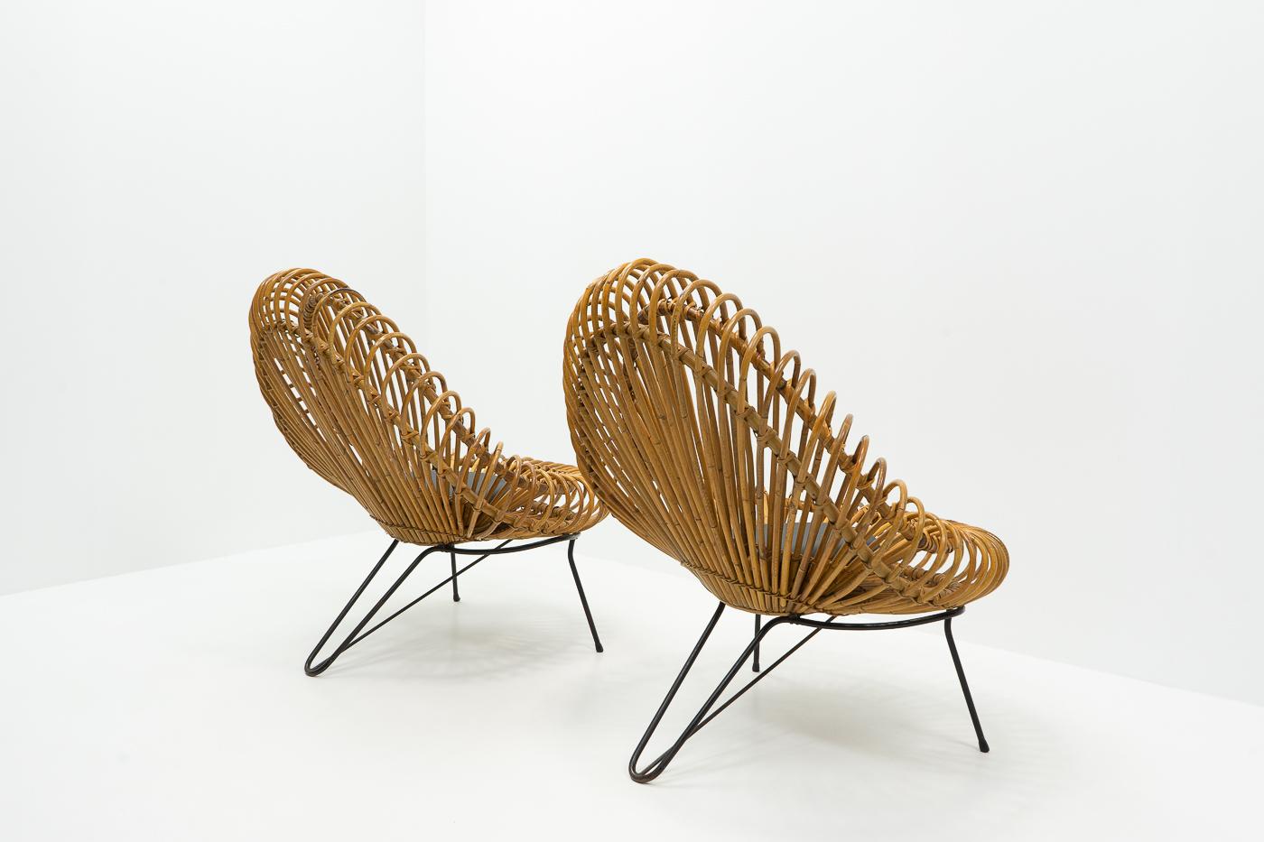 Mid-20th Century Beautiful Abraham & Rol Lounge Chairs in Rattan, France, 1950s