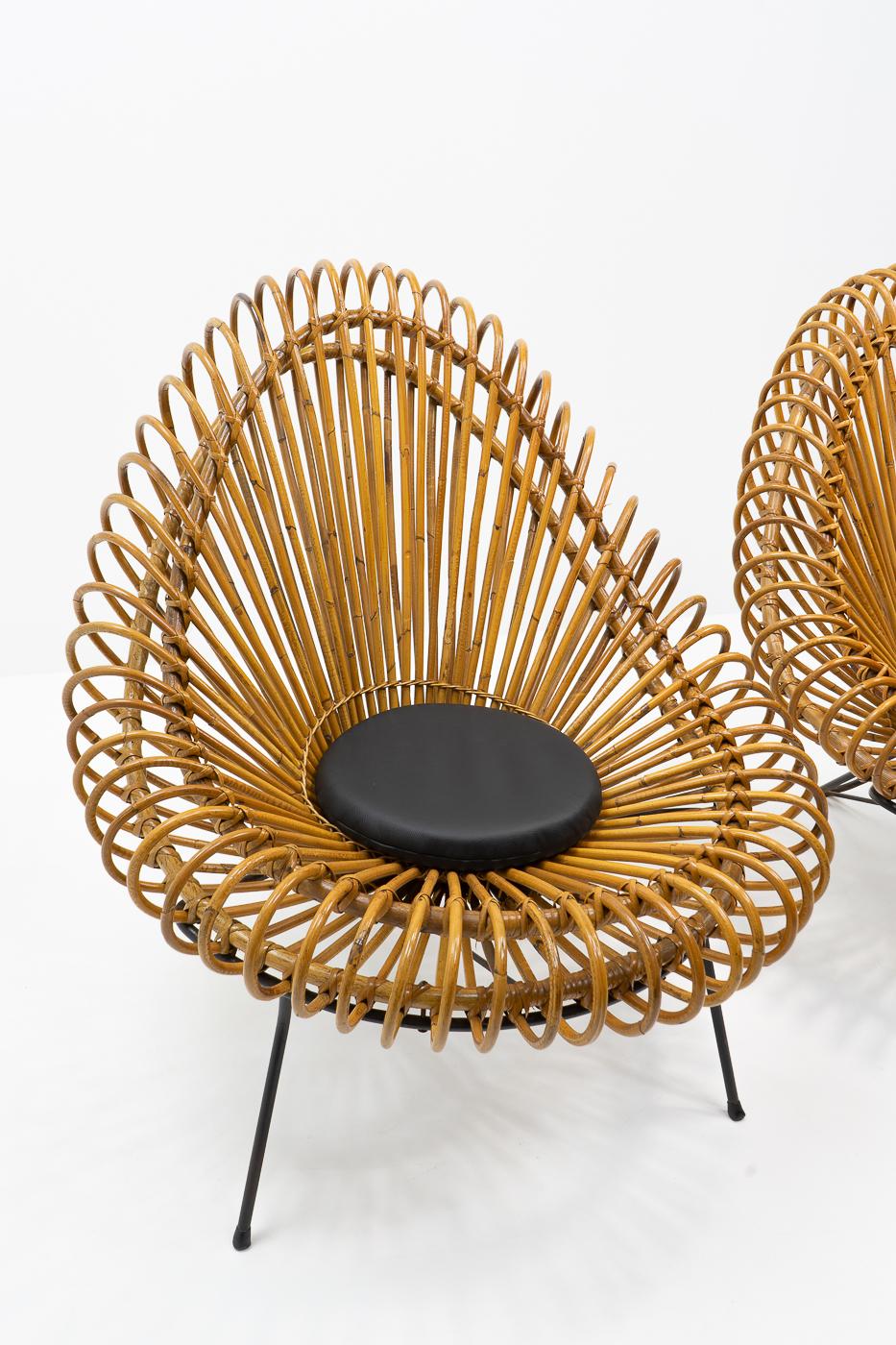 Metal Beautiful Abraham & Rol Lounge Chairs in Rattan, France, 1950s