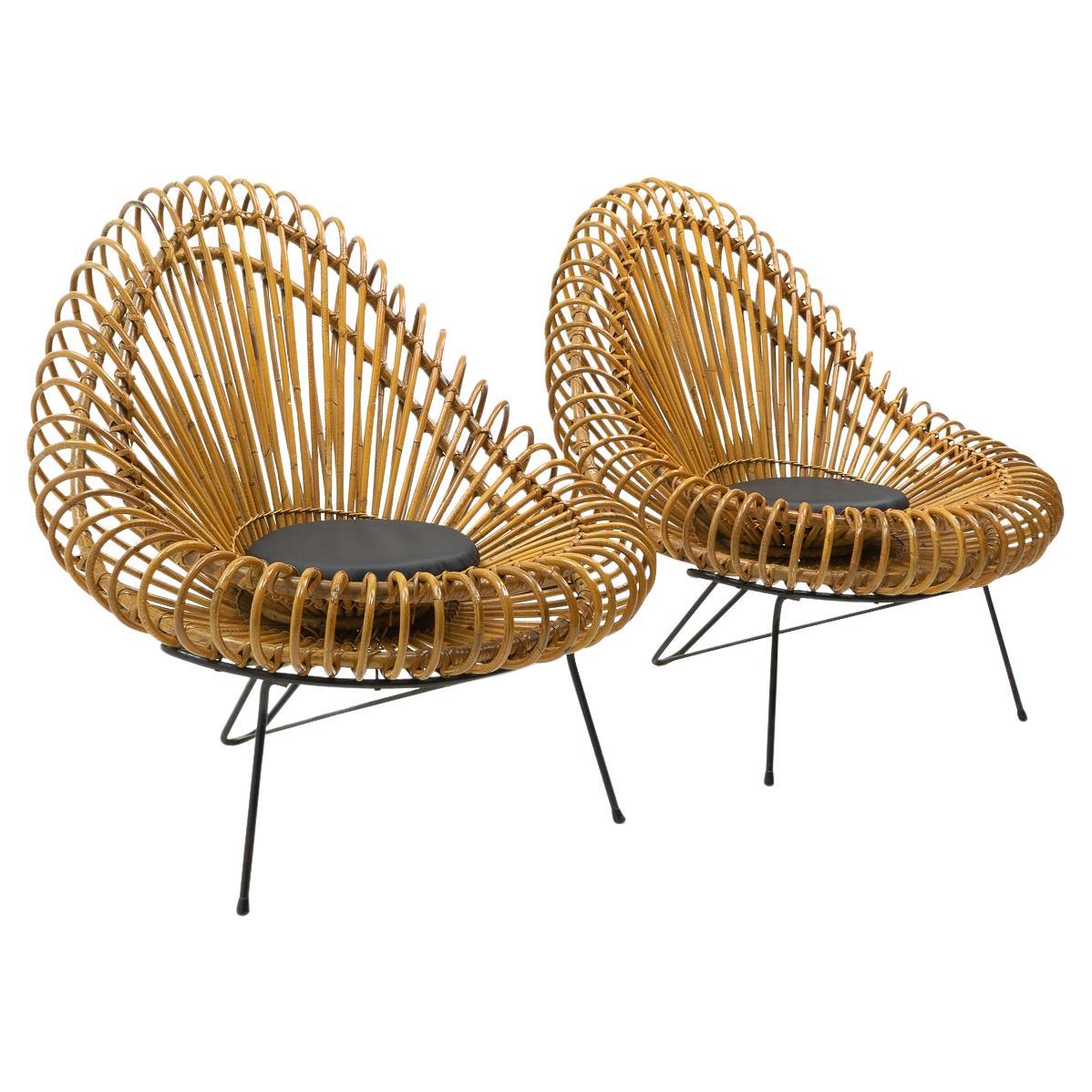 Beautiful Abraham & Rol Lounge Chairs in Rattan, France, 1950s