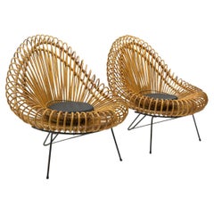 Beautiful Abraham & Rol Lounge Chairs in Rattan, France, 1950s