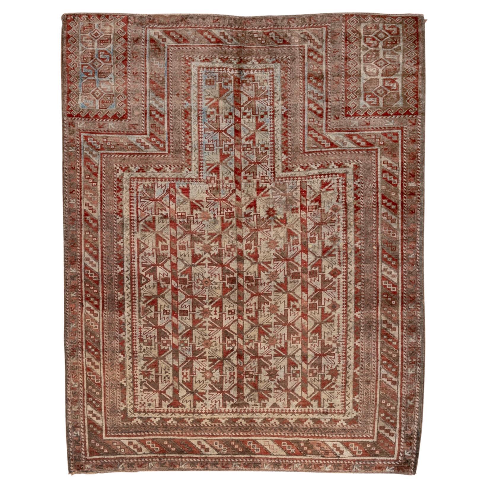 Beautiful Afghan Belouch Prayer Rug, Red, Seaform & Brown Tones, circa 1920s For Sale