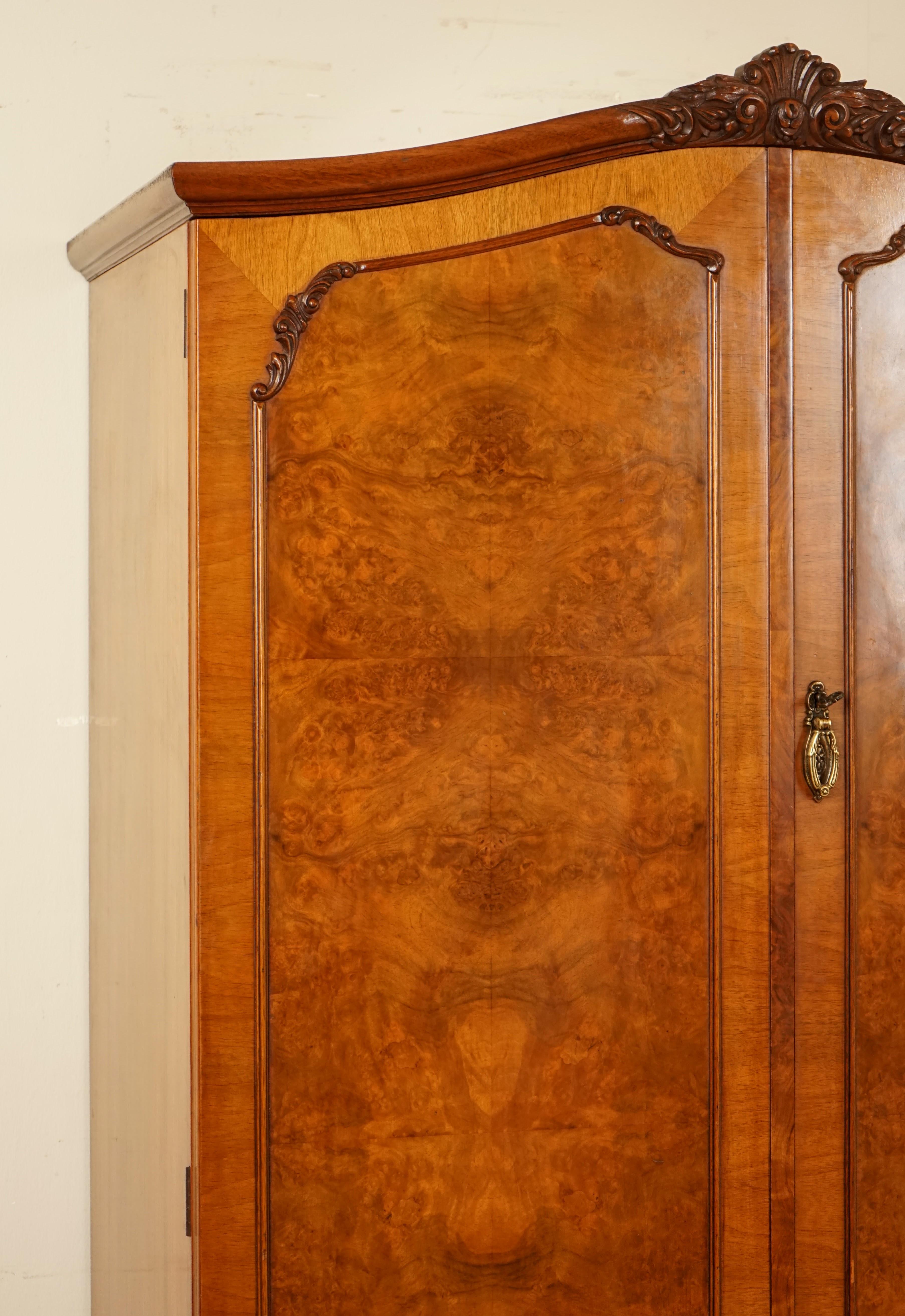 Hand-Crafted Beautiful Alfred Cox London Carved Burr Walnut Double Wardrobe circa 1930s '1/2'