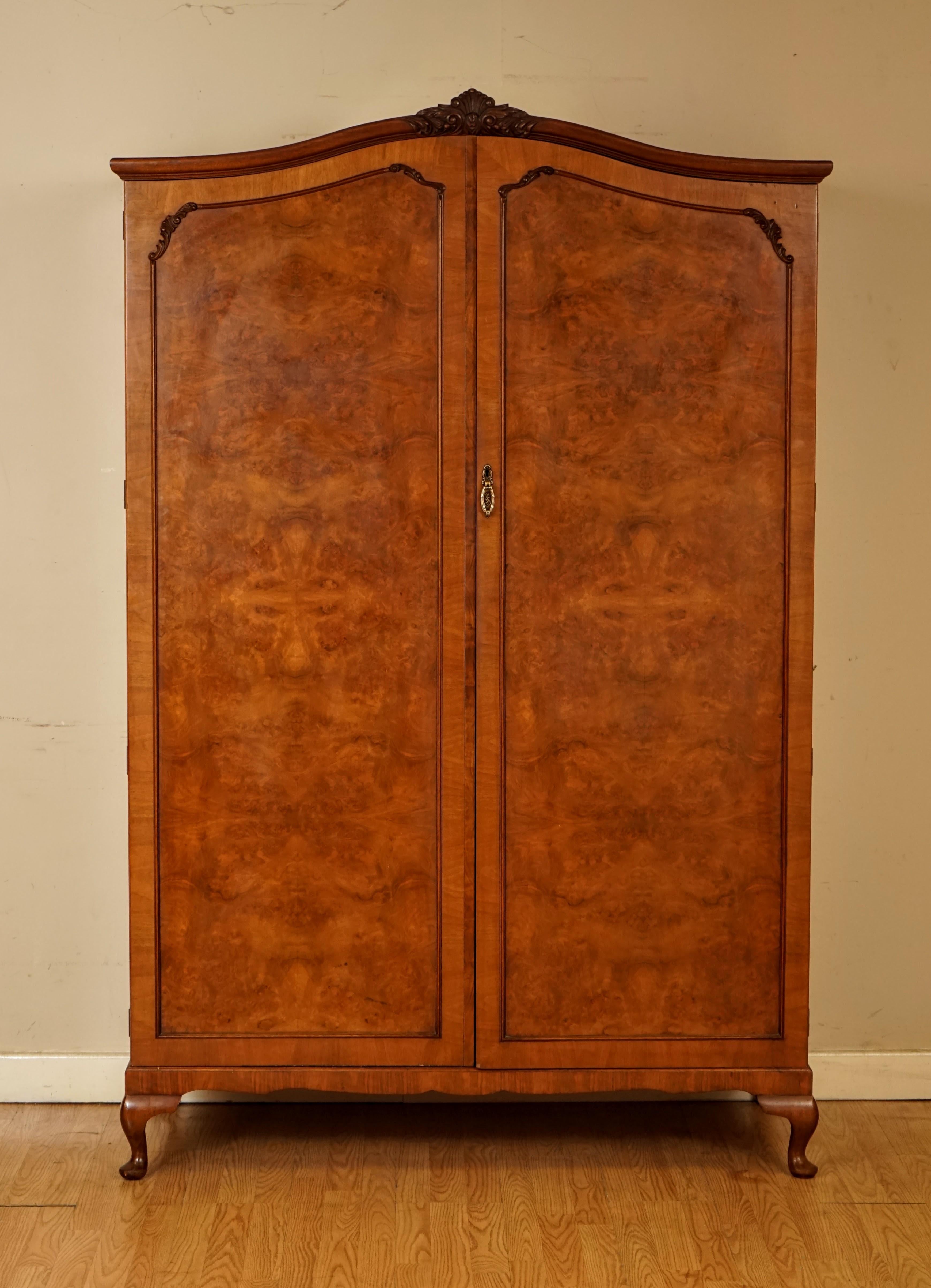 Hand-Crafted Beautiful Alfred COX London Carved Burr Walnut Double Wardrobe circa 1930's'2/2'