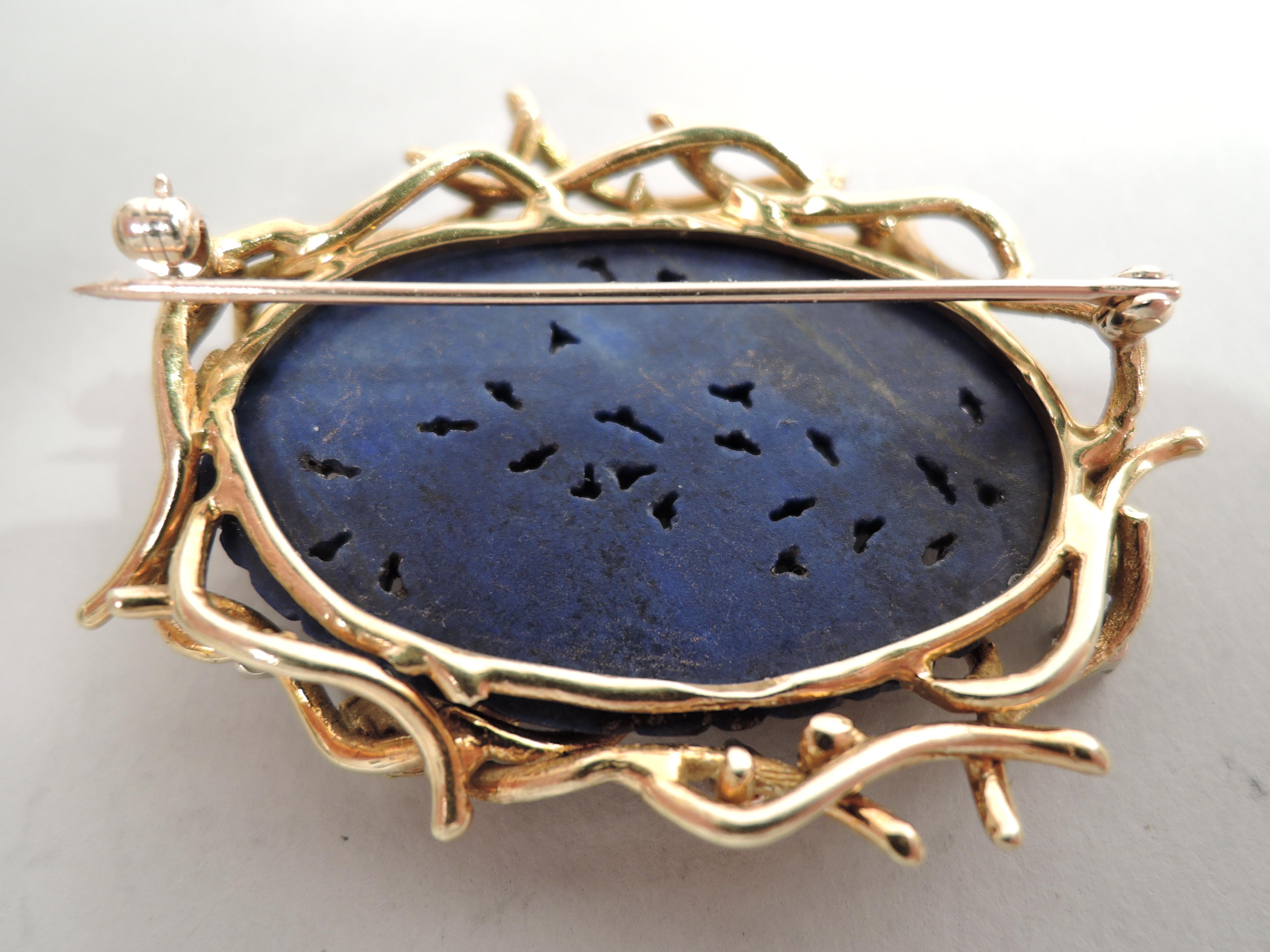 Rose Cut Beautiful American Midcentury Gold & Diamond Brooch with Carved Lapis