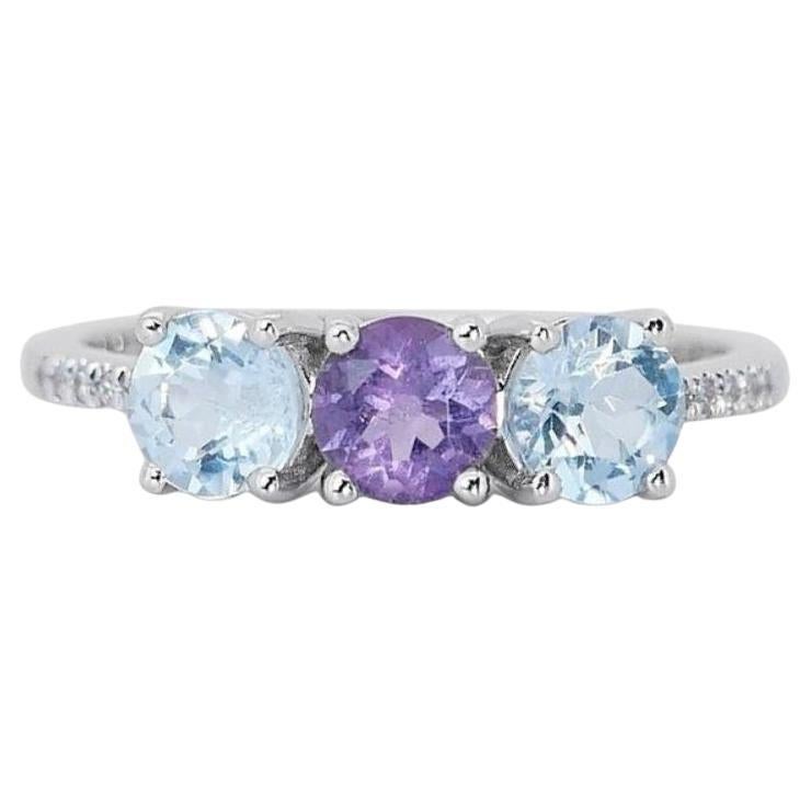 Beautiful Amethyst and Diamond 3-stone Ring For Sale