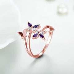 Beautiful Amethyst Butterfly Ring in 18 Karat Rose Gold and Diamonds