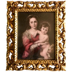 Beautiful Ancient French Wooden Gilded Frame with Color Print of Mary and Jesus
