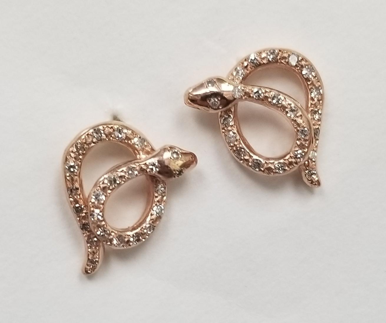 Artisan Beautiful and Amazing Craftsmanship on This 14 Karat Gold Diamond Snake Earrings For Sale