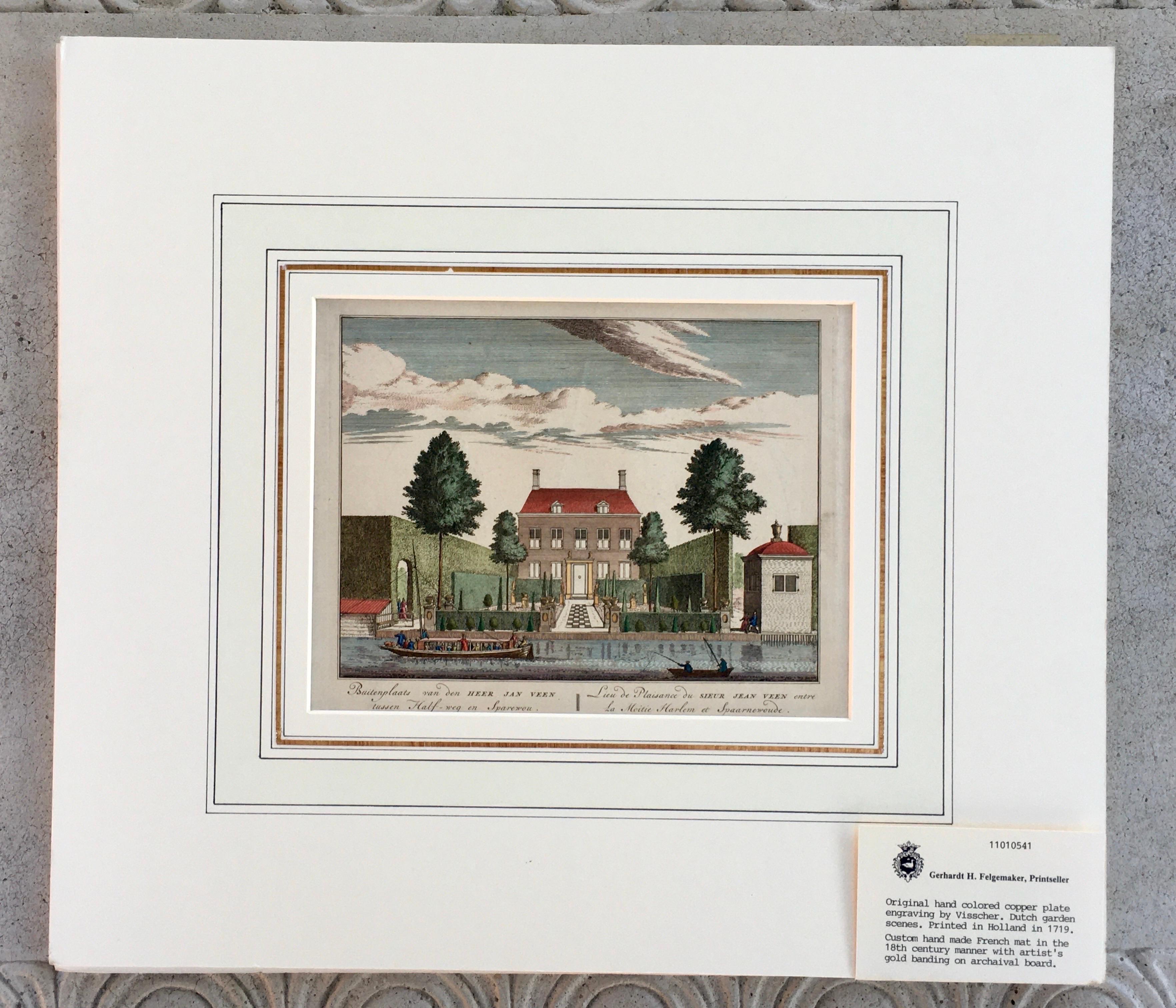 Beautiful and Chic Hand-Colored Dutch Garden Engraving by Visscher, 1719 w/ Mat For Sale 3