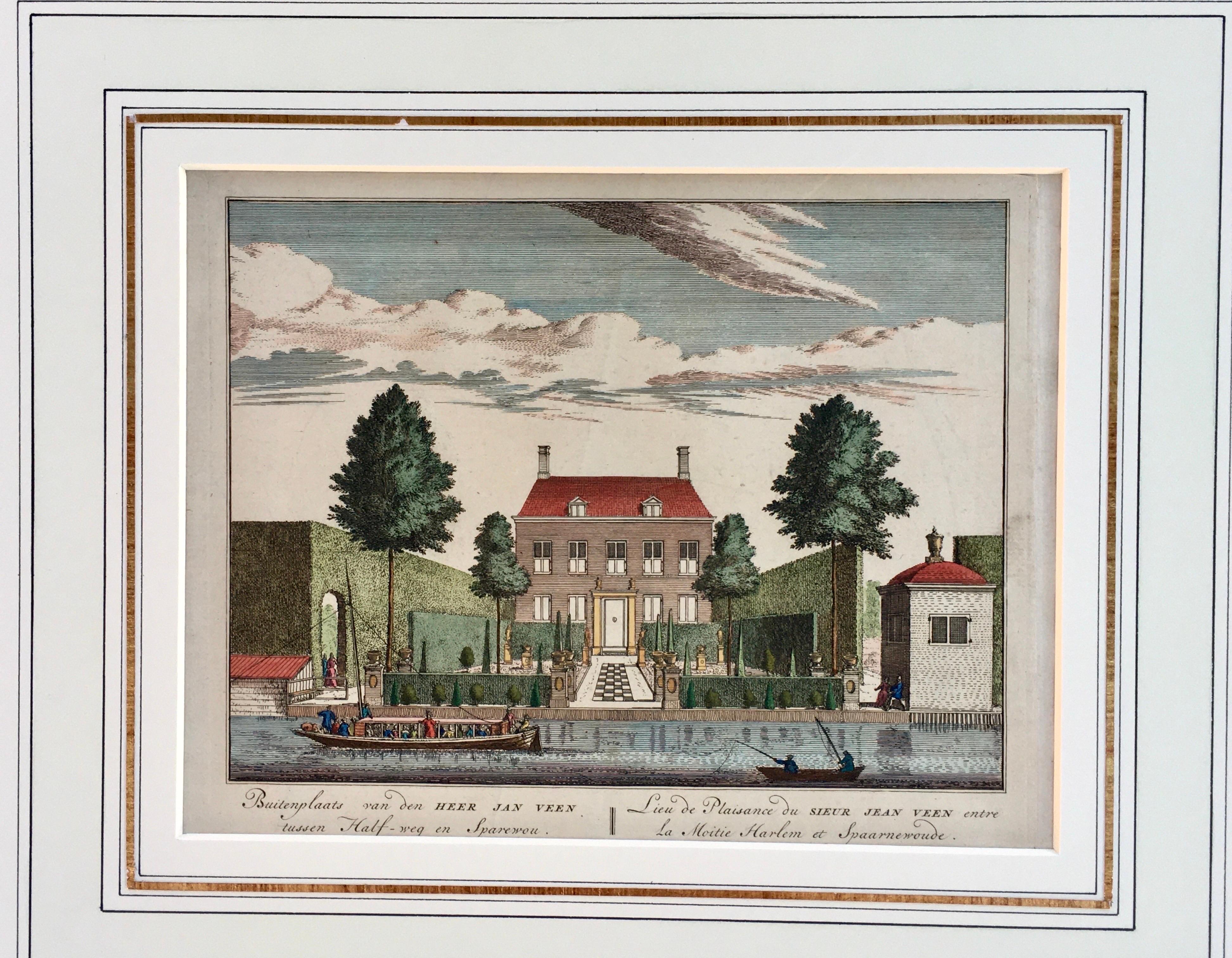 Neoclassical Beautiful and Chic Hand-Colored Dutch Garden Engraving by Visscher, 1719 w/ Mat For Sale