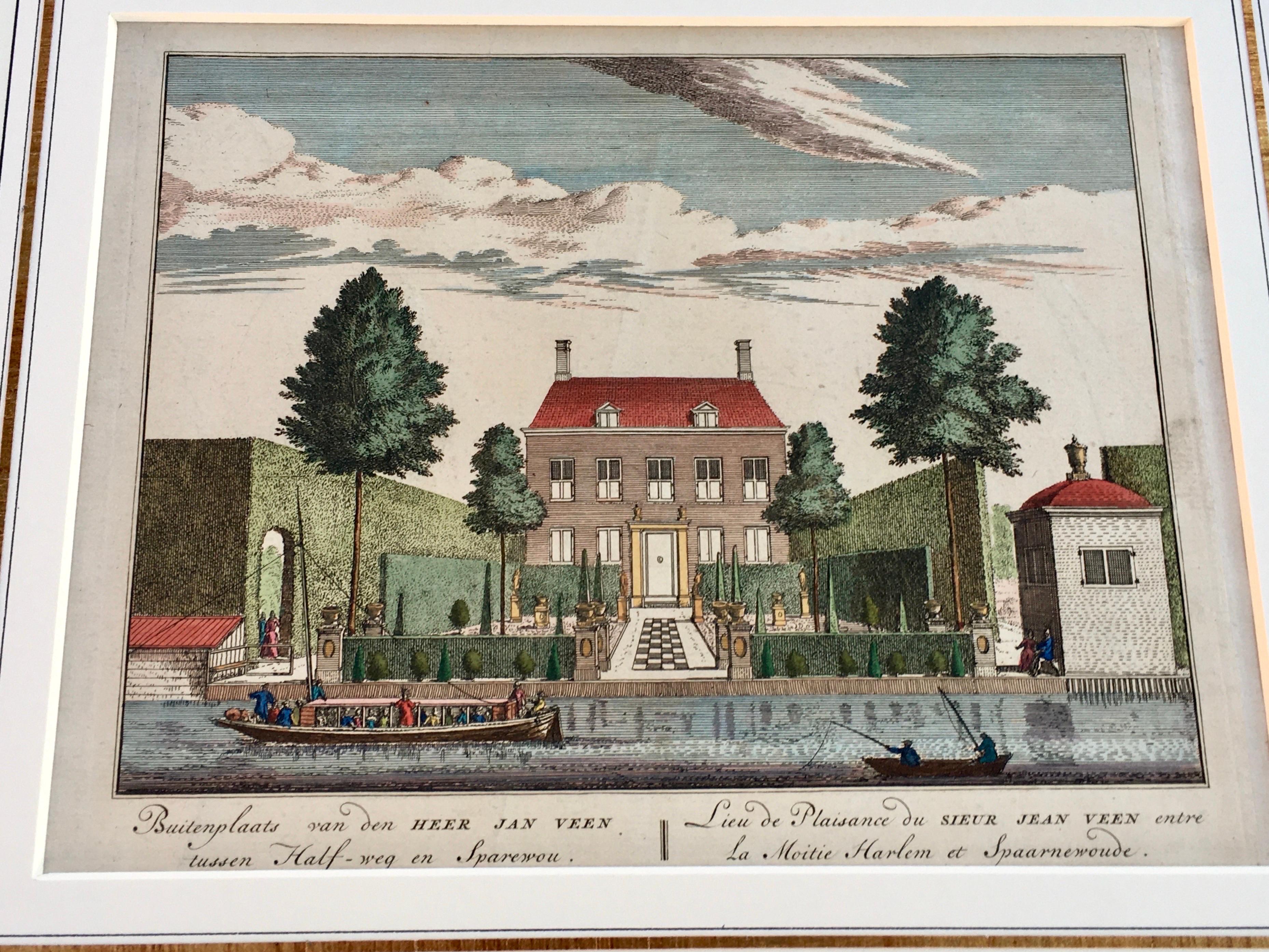 Engraved Beautiful and Chic Hand-Colored Dutch Garden Engraving by Visscher, 1719 w/ Mat For Sale