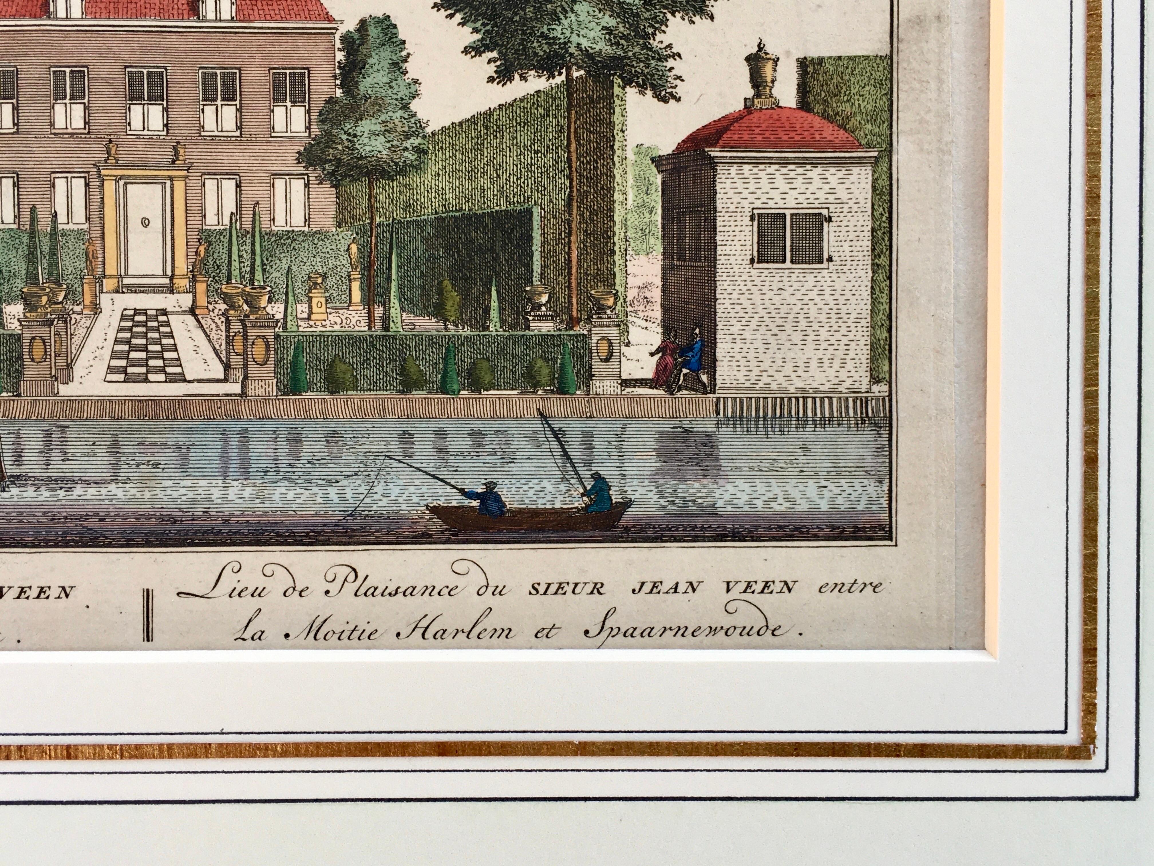 Early 18th Century Beautiful and Chic Hand-Colored Dutch Garden Engraving by Visscher, 1719 w/ Mat For Sale