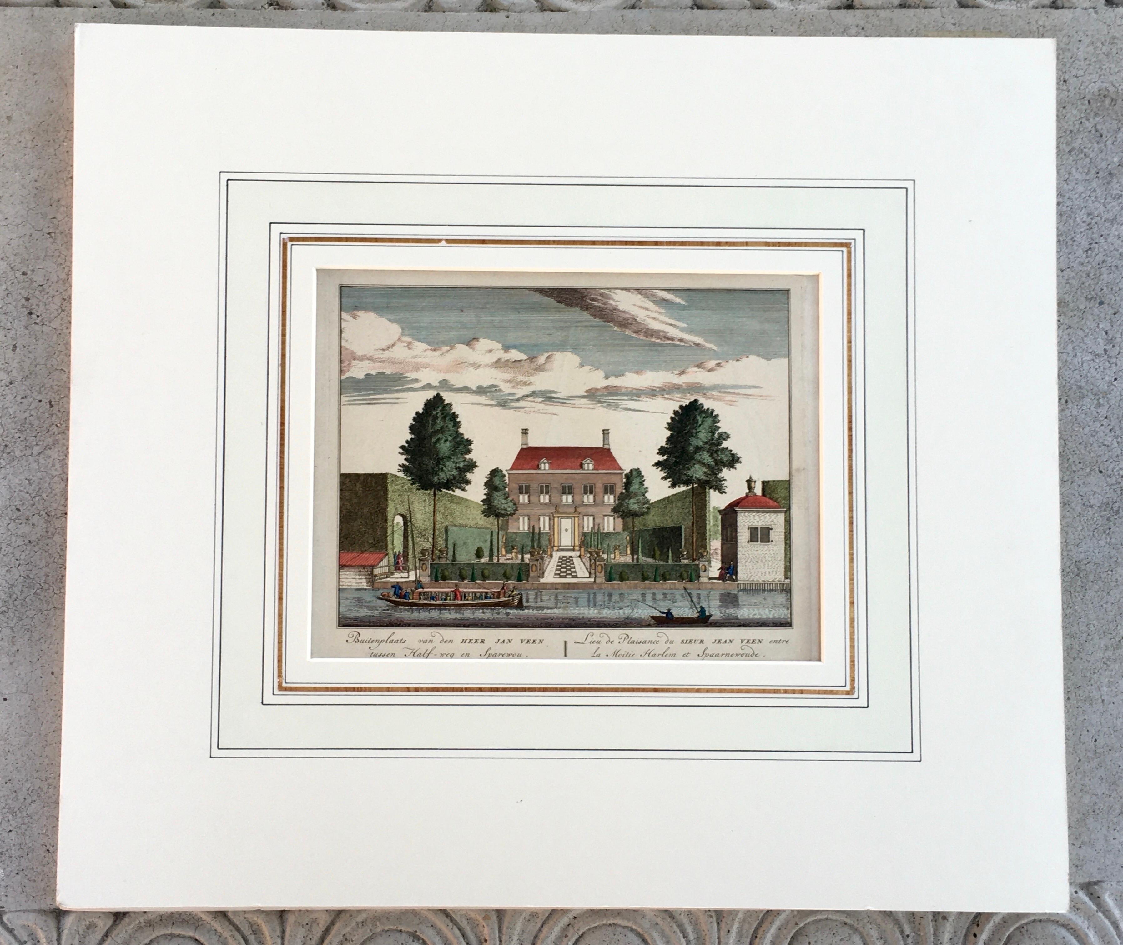 Paper Beautiful and Chic Hand-Colored Dutch Garden Engraving by Visscher, 1719 w/ Mat For Sale