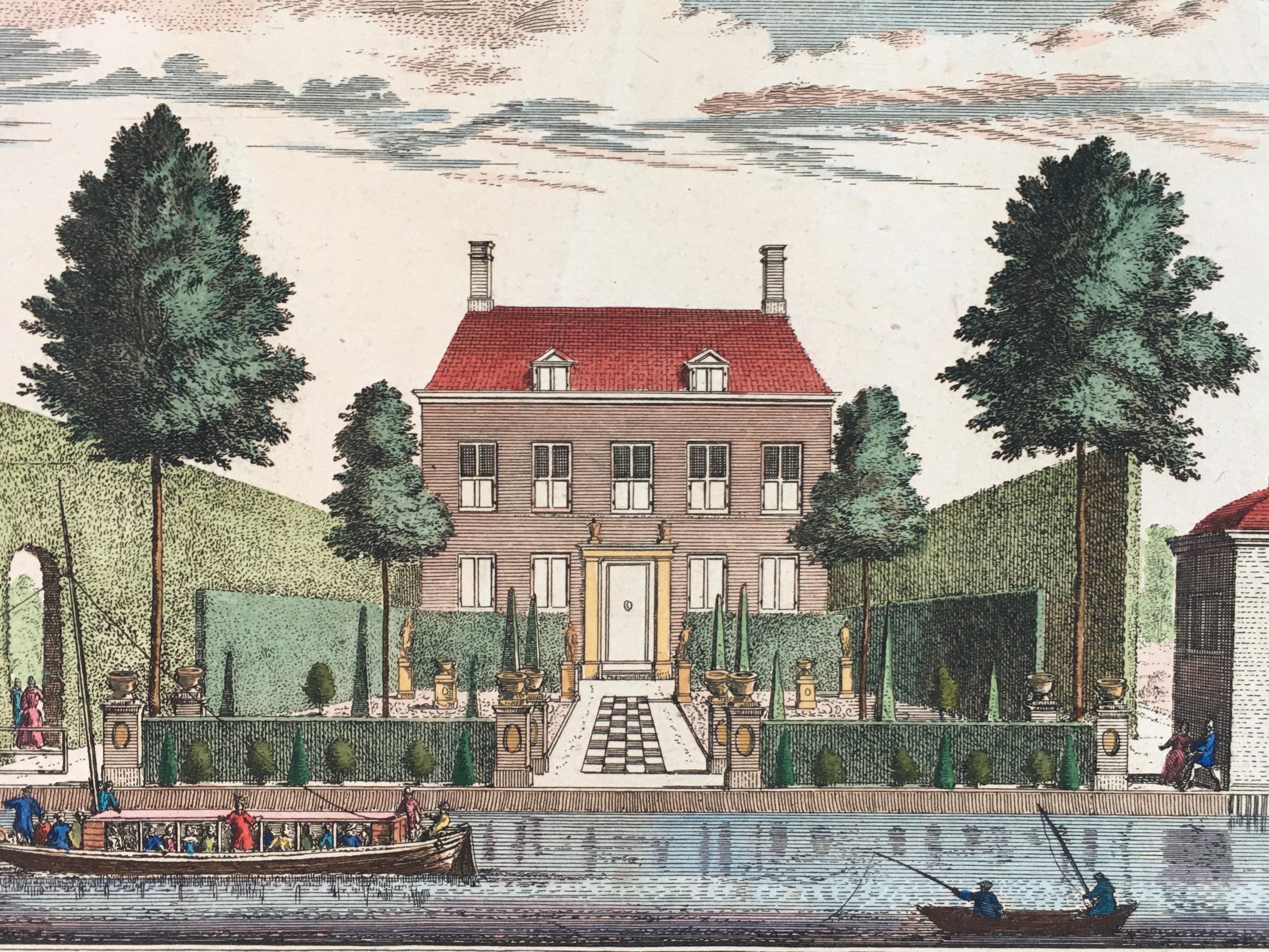 Beautiful and Chic Hand-Colored Dutch Garden Engraving by Visscher, 1719 w/ Mat For Sale 1