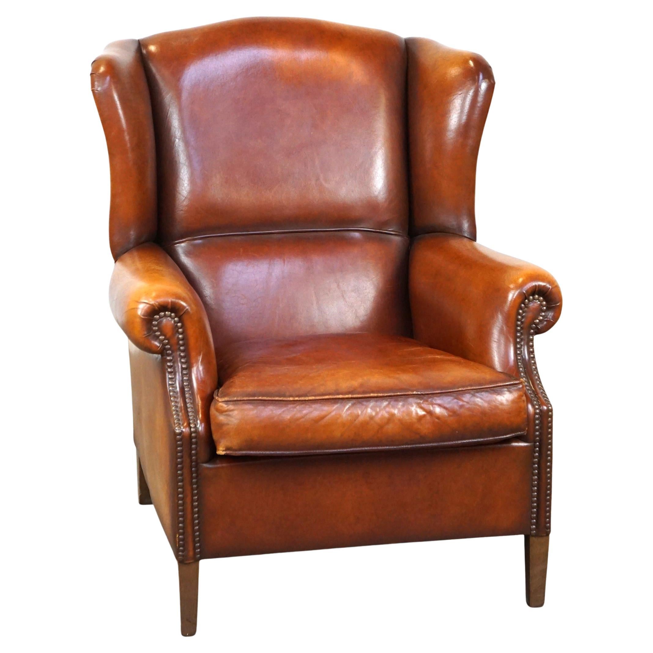Beautiful and Comfortable Sheepskin Wingback Armchair with a Wonderful Patina
