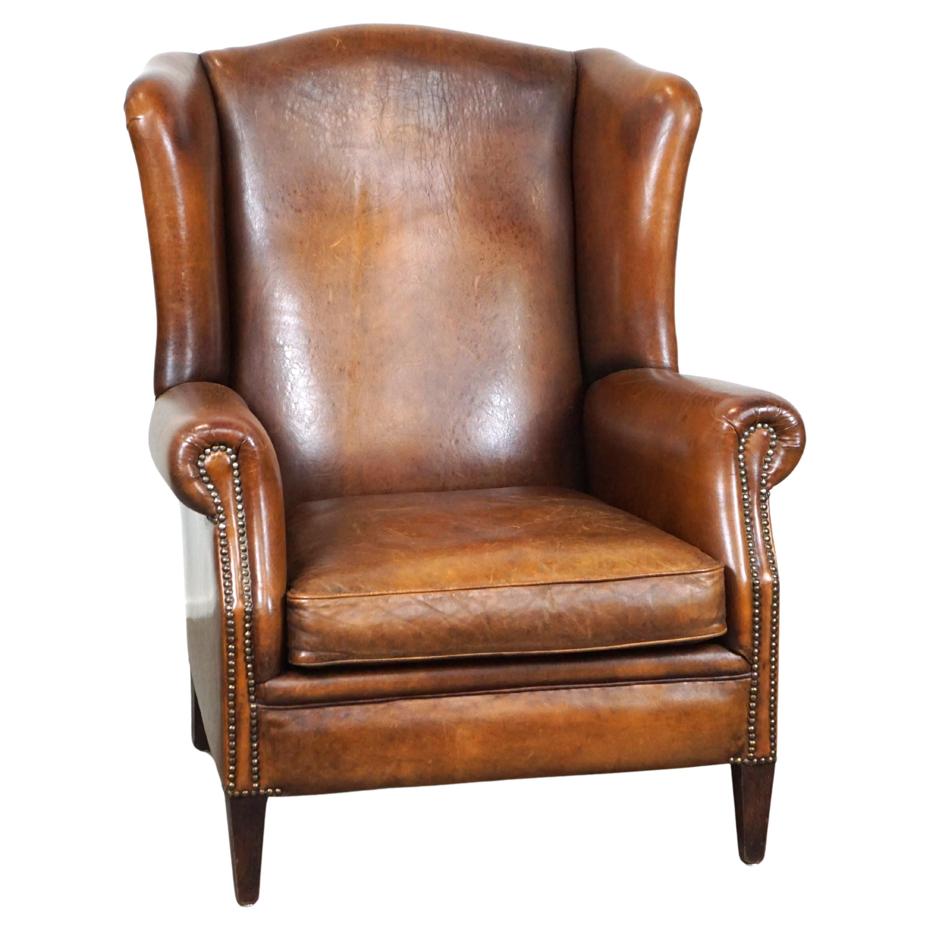 Beautiful and especially comfortable wingback chair made of sheepskin leather