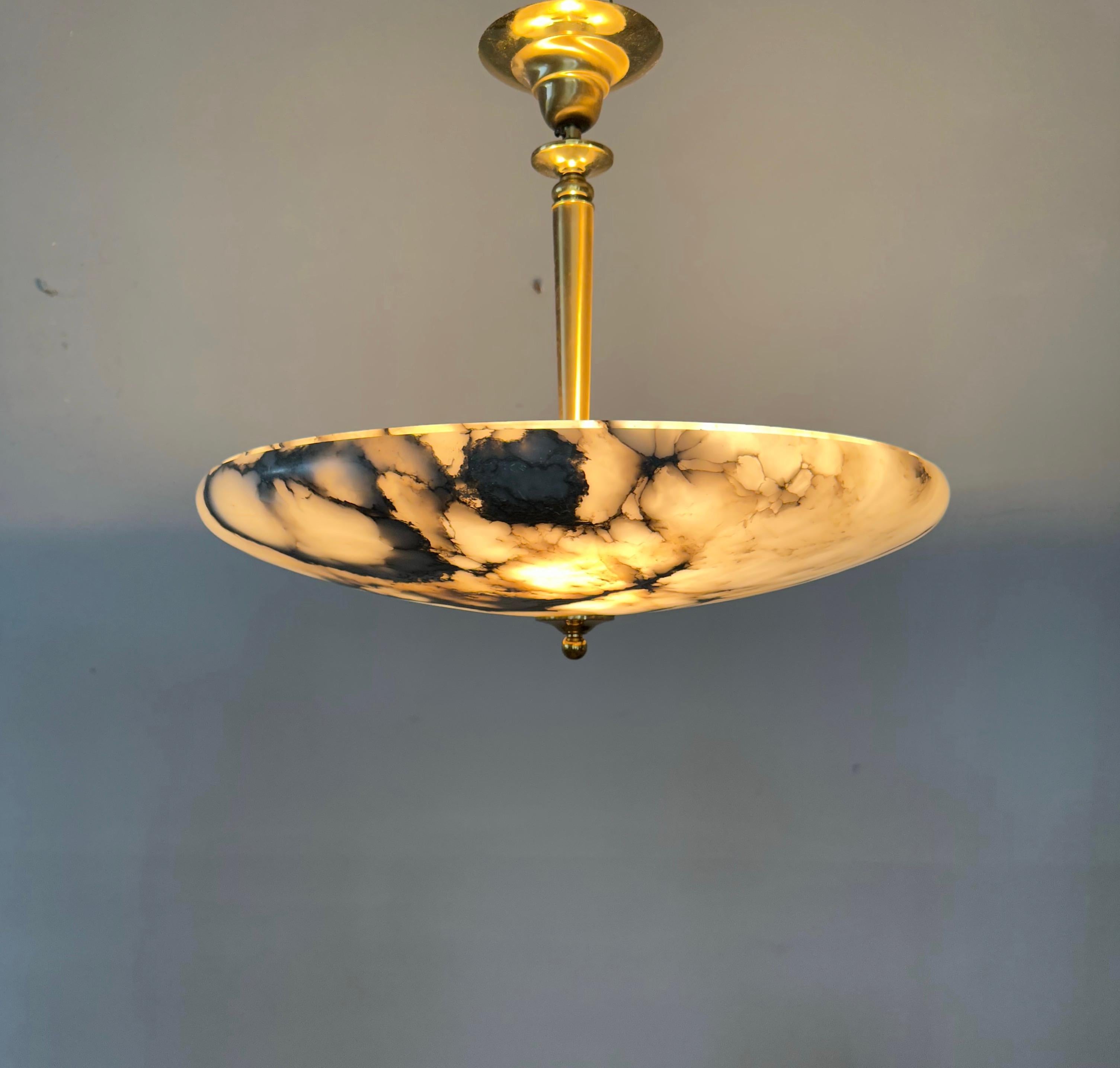 Bronzed Beautiful and Extra Large Alabaster & Brass Art Deco Pendant Light / Flush Mount