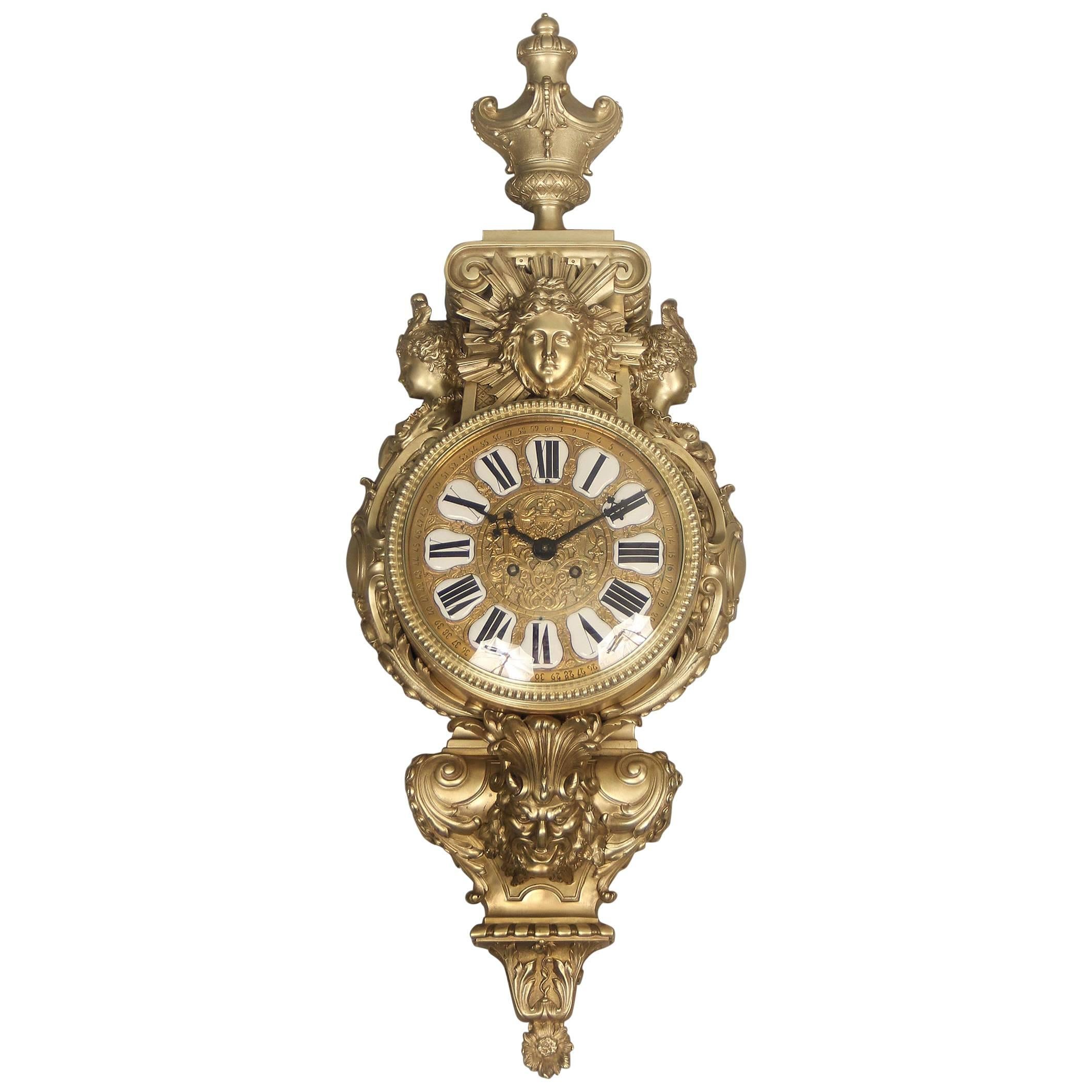 Beautiful and Great Quality Late 19th Century Gilt Bronze Cartel Clock For Sale