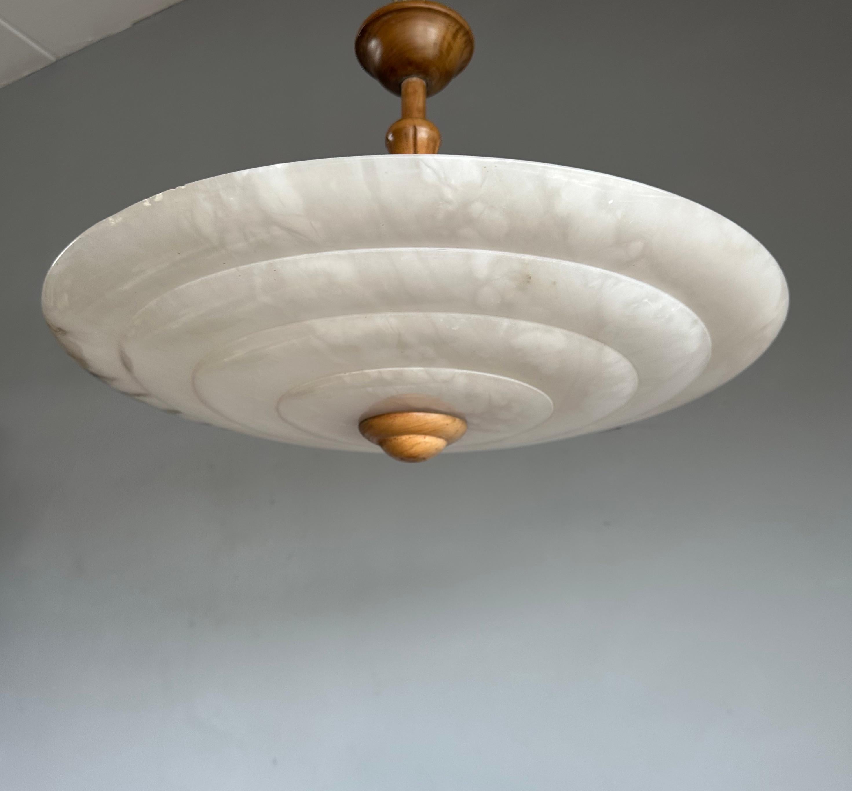 Beautiful and Large Alabaster & Beechwood Art Deco Pendant Light / Flush Mount 10