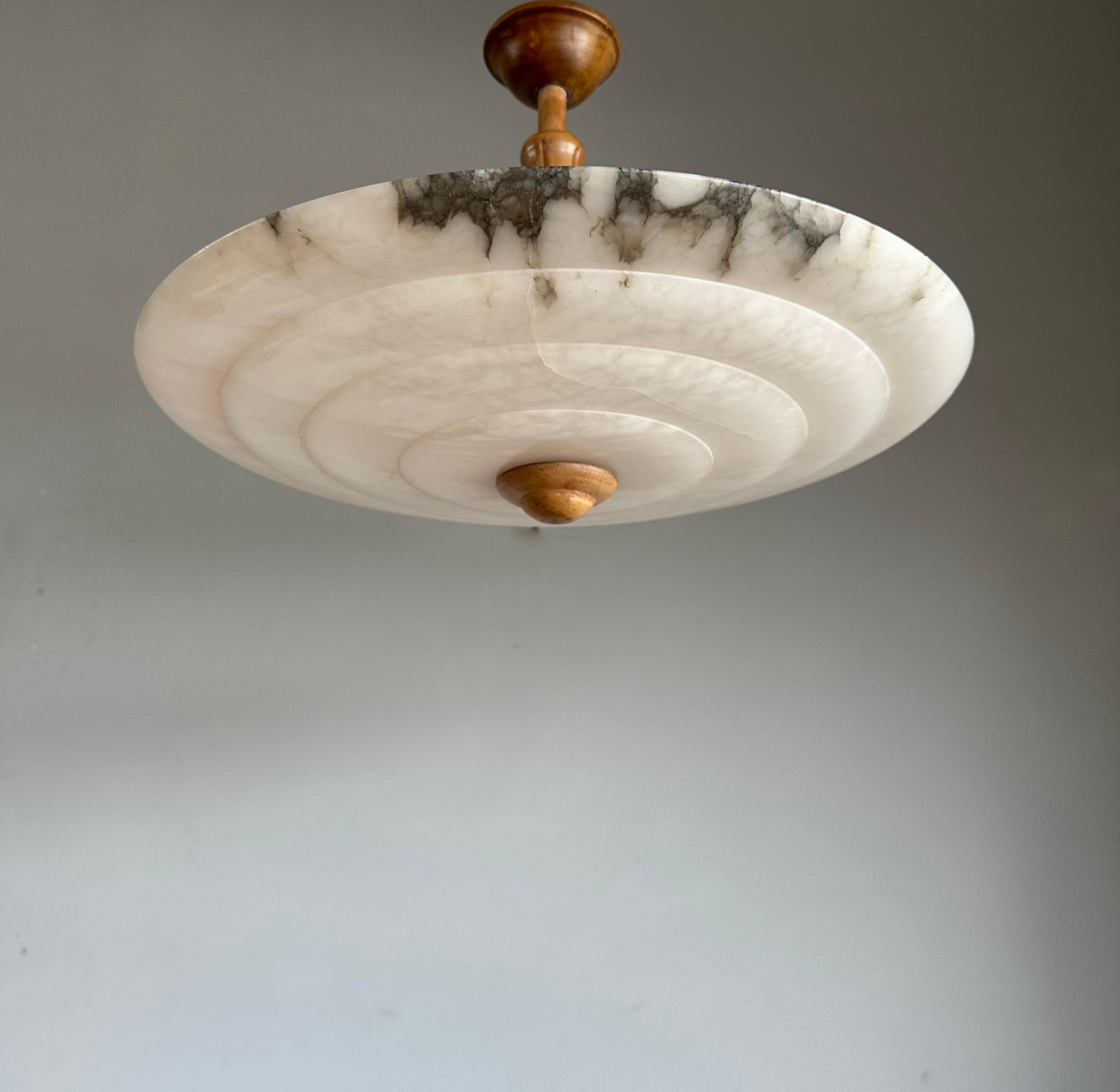 Beautiful and Large Alabaster & Beechwood Art Deco Pendant Light / Flush Mount 14