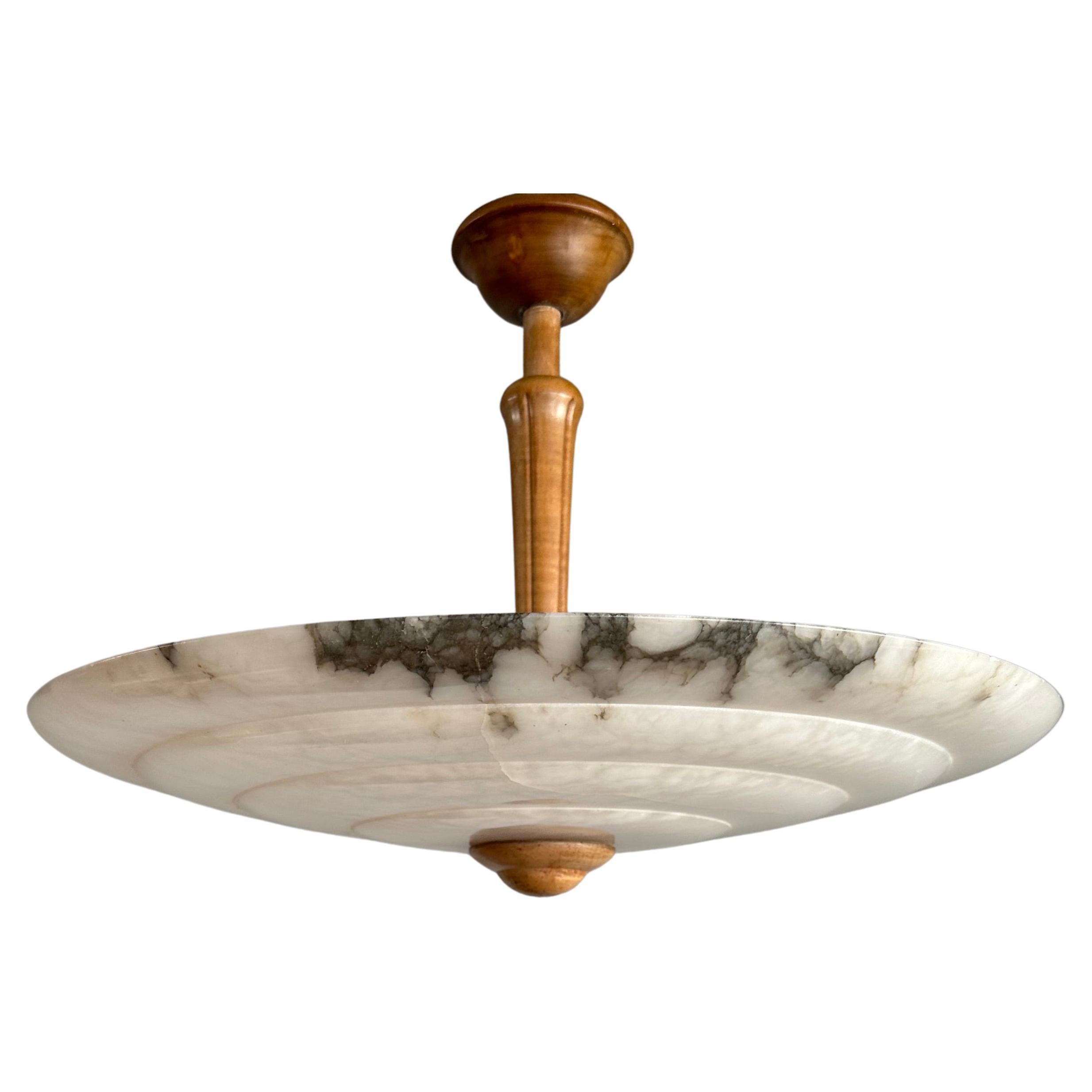 Beautiful and Large Alabaster & Beechwood Art Deco Pendant Light / Flush Mount