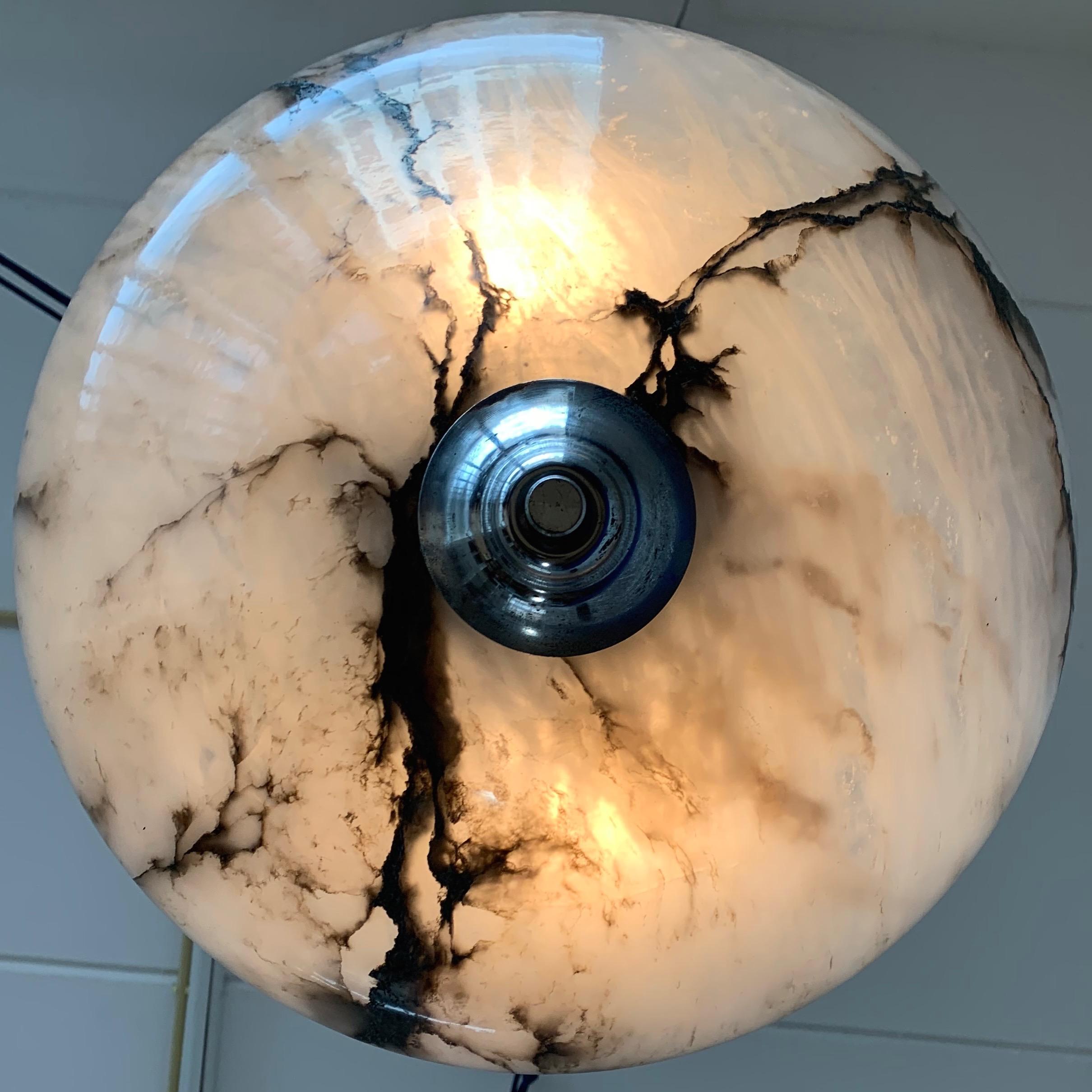 Hand-Crafted Awesome Art Deco Pendant Light with Stunning Alabaster Mineral Stone Shade, 1920 For Sale