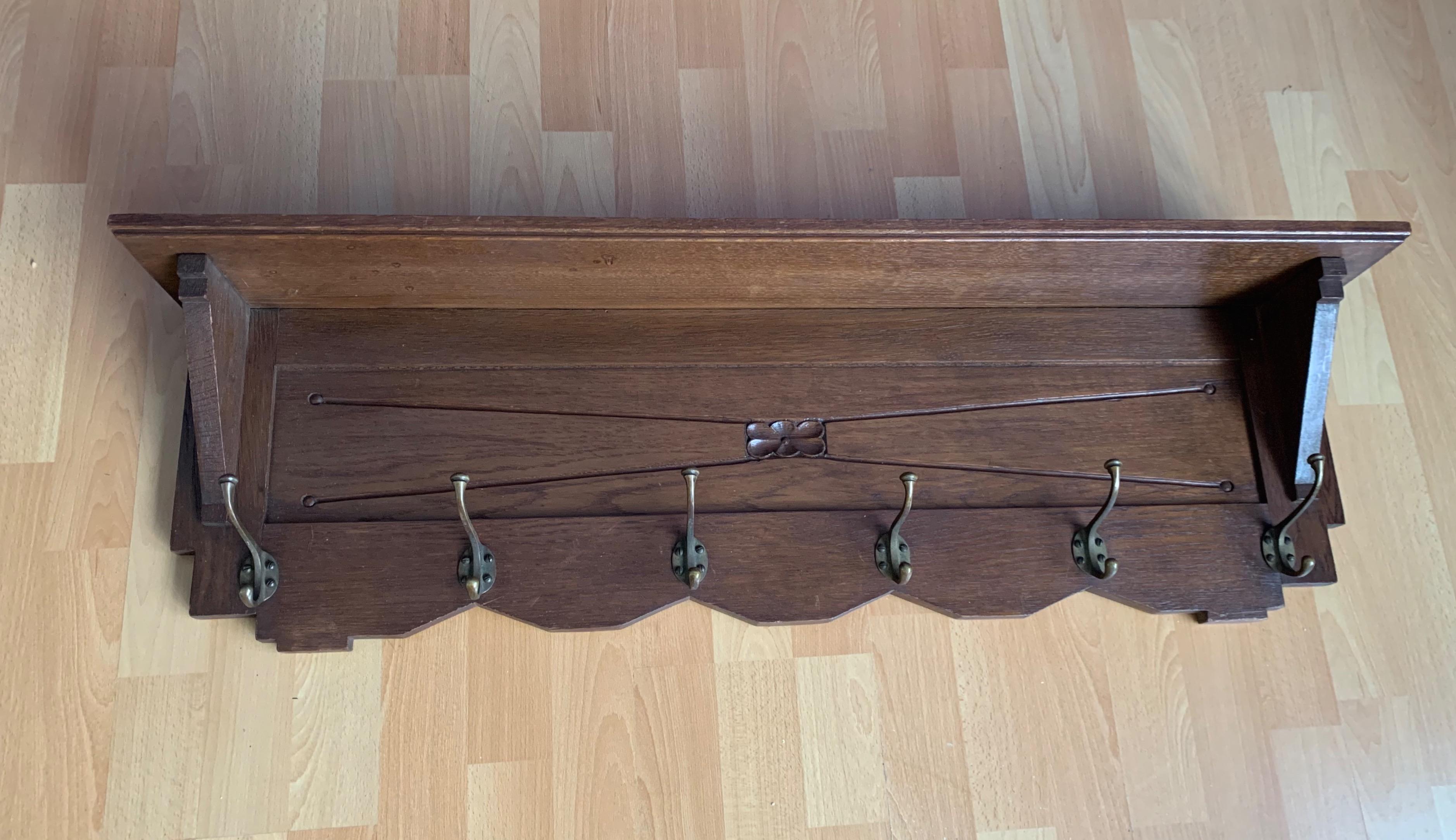 Beautiful and Practical Arts and Crafts Oak Wall Coat Rack with Bronze Hooks 1