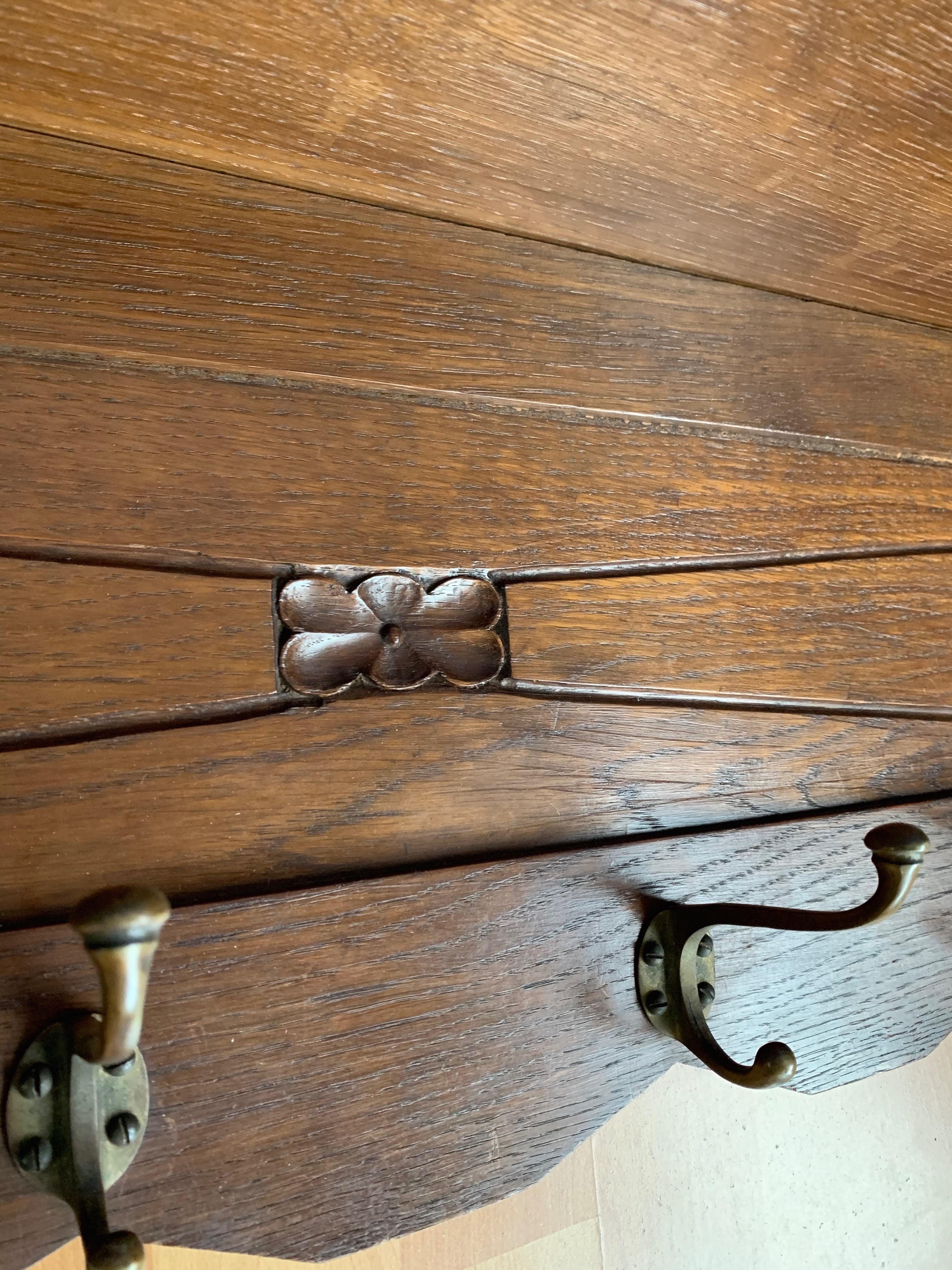 Beautiful and Practical Arts and Crafts Oak Wall Coat Rack with Bronze Hooks 2