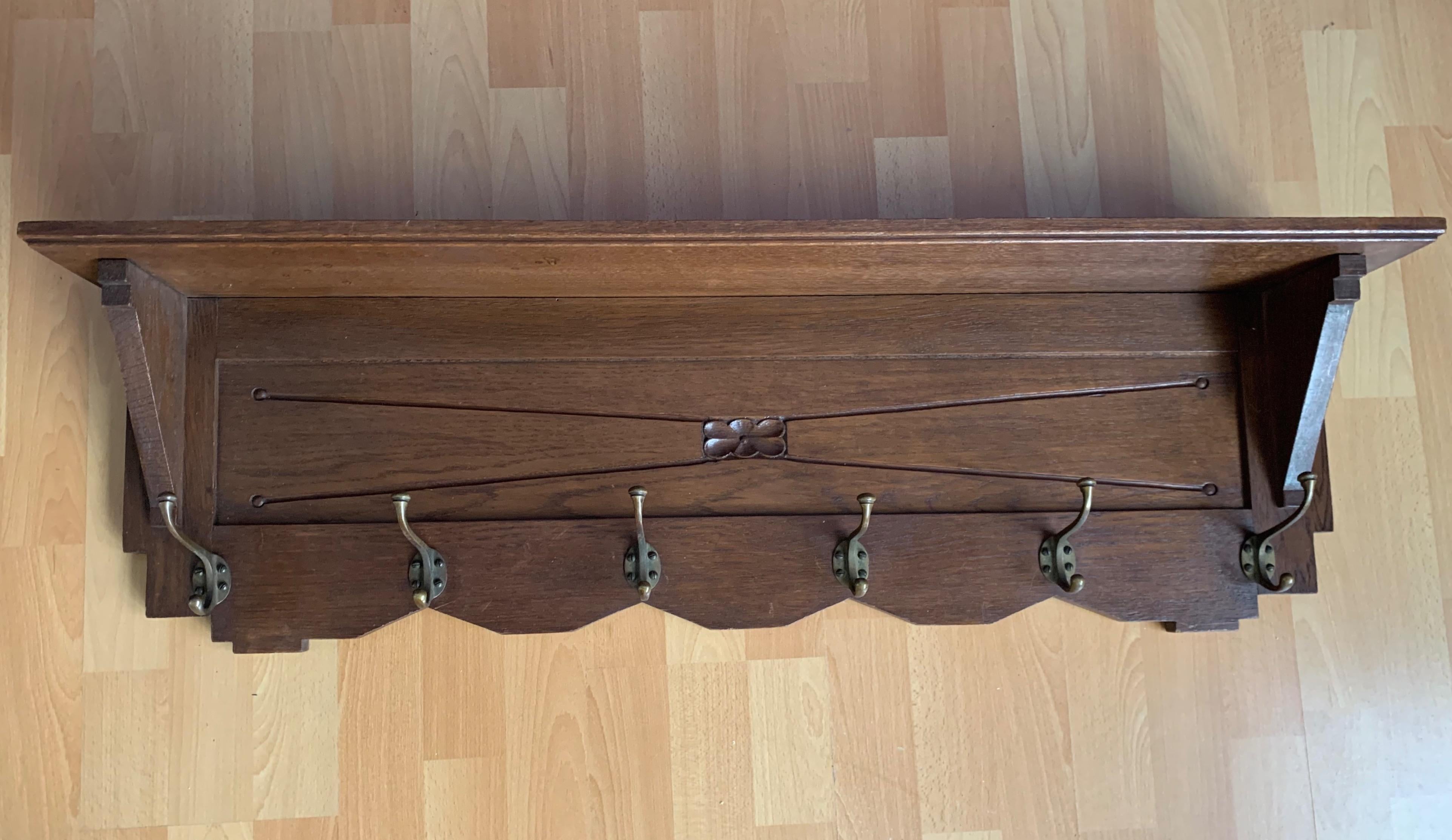 Dutch Beautiful and Practical Arts and Crafts Oak Wall Coat Rack with Bronze Hooks