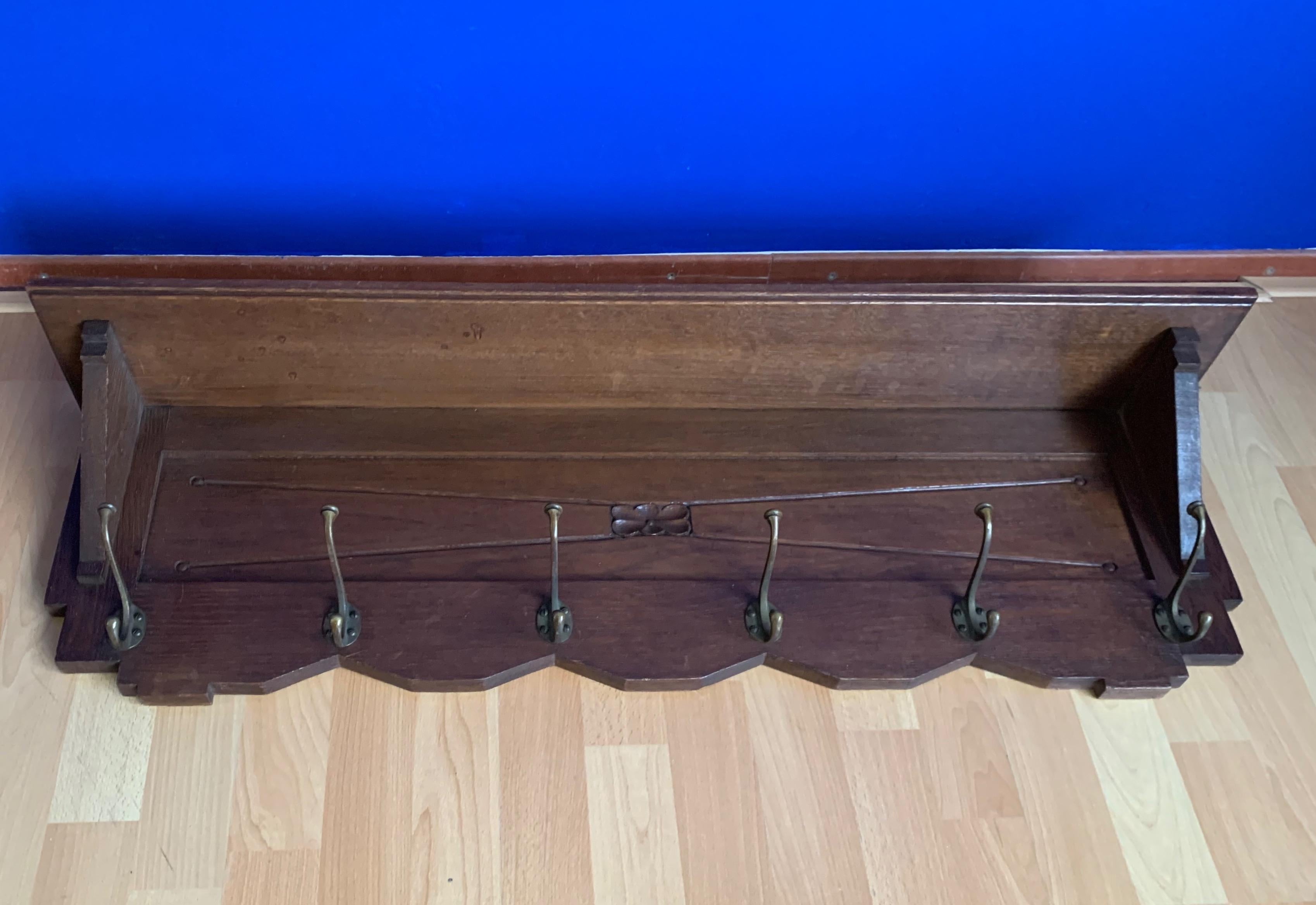 Hand-Crafted Beautiful and Practical Arts and Crafts Oak Wall Coat Rack with Bronze Hooks