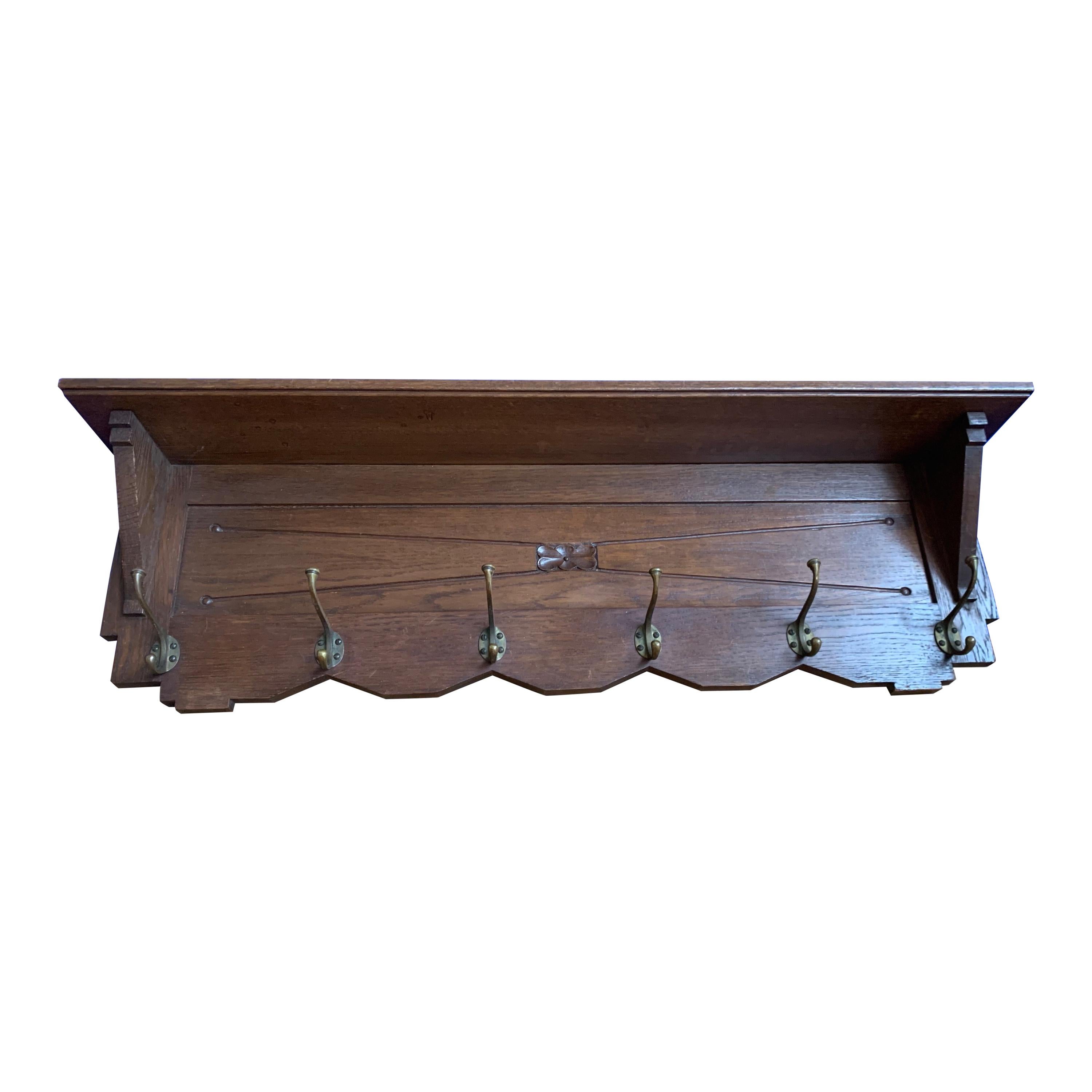 Beautiful and Practical Arts and Crafts Oak Wall Coat Rack with Bronze Hooks