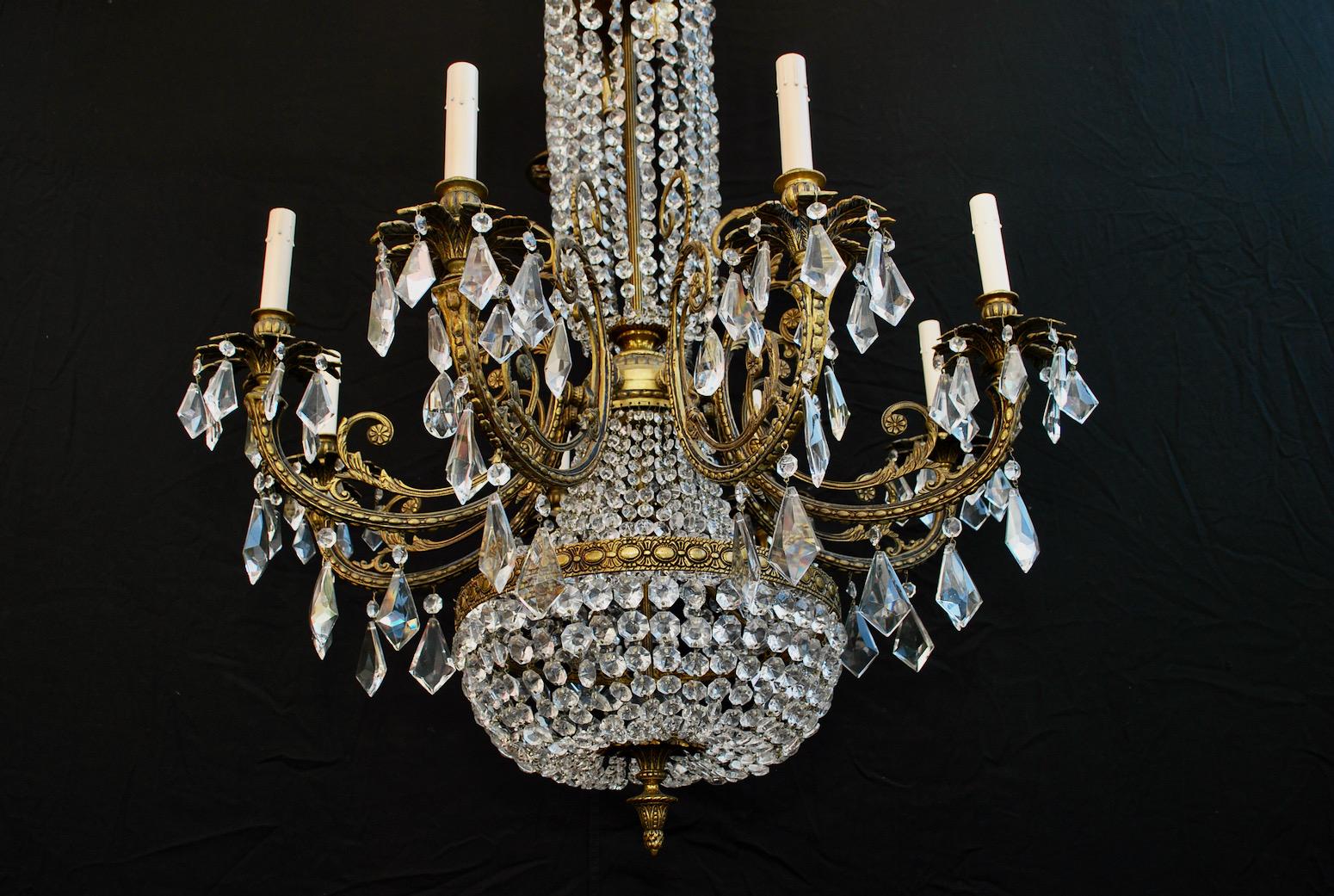Brass Beautiful and Rare 1940's Crystal Chandelier from Spain