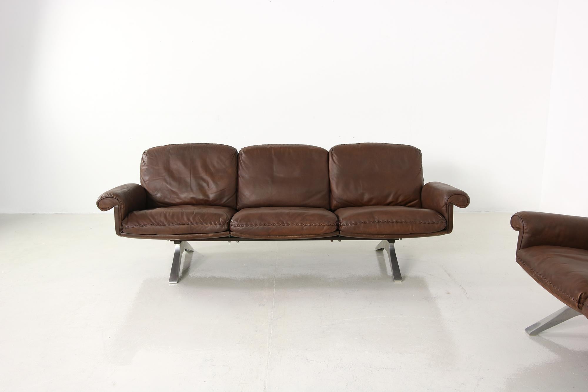 Vintage 1970s De Sede DS 31 Designer Sofa Dark Cognac Brown Leather Couch 3