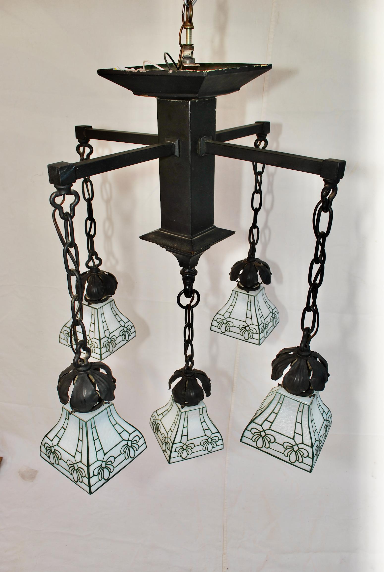 A beautiful Arts & Crafts chandelier, the glasses are quite rare, the height can be shorter.