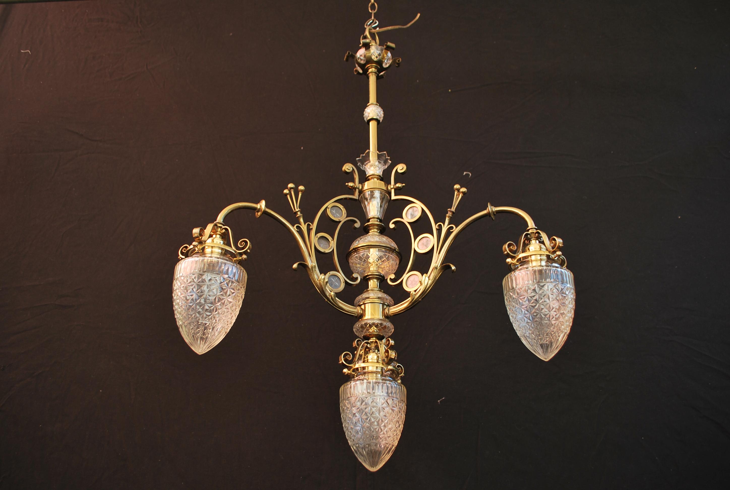 A beautiful and rare Art Nouveau chandelier, the patina is so much nicer in person