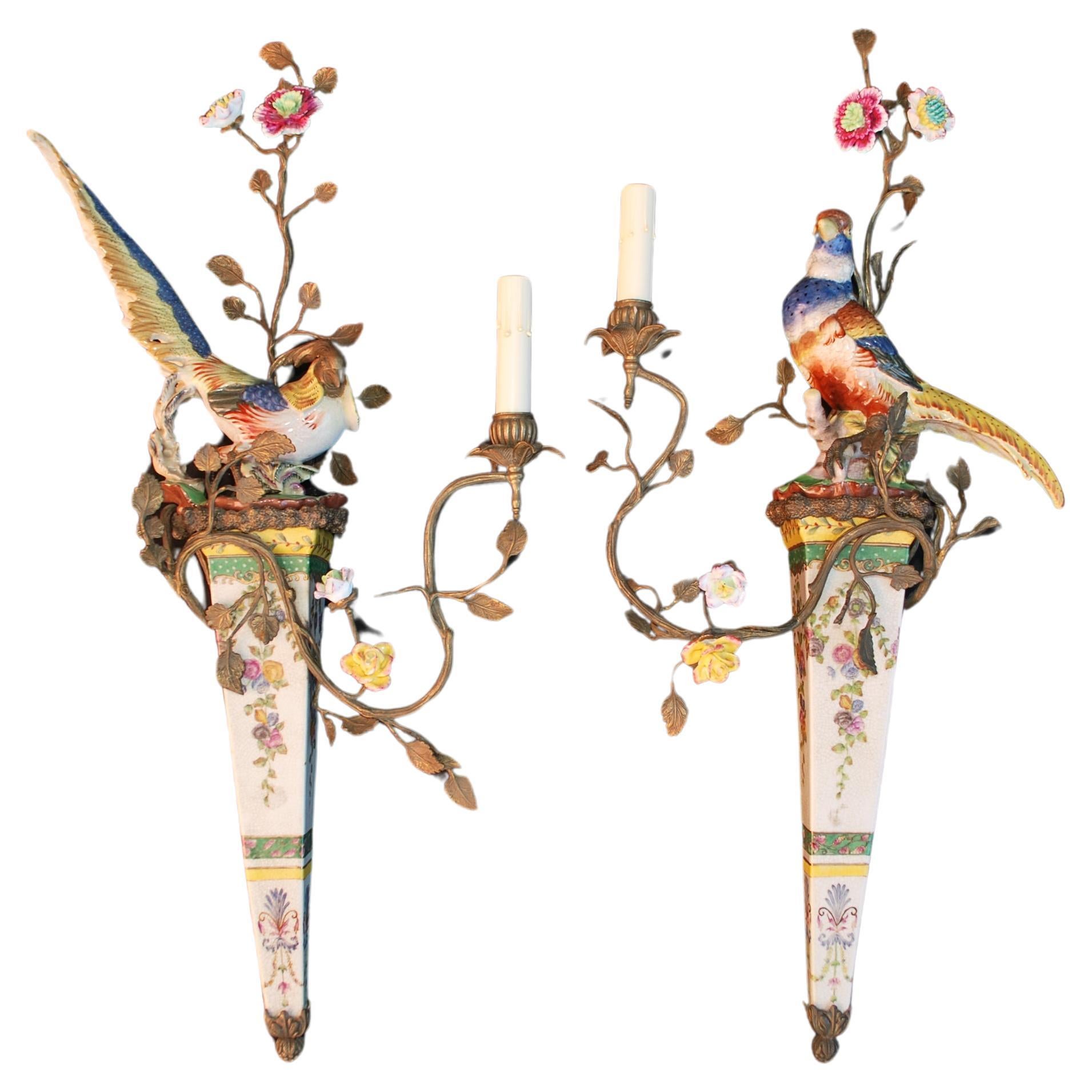 Beautiful and rare large Pair of 1940's porcelain and brass sconces For Sale