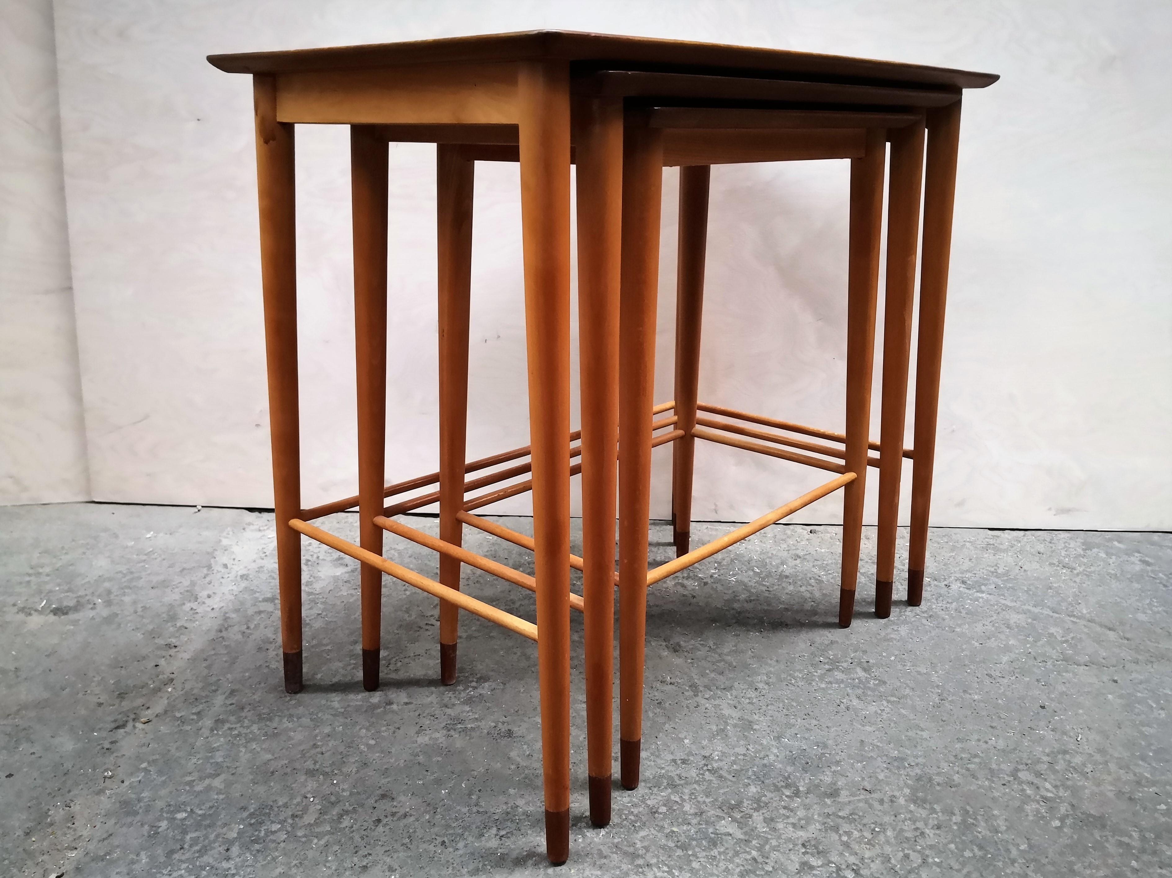 This set of Danish nesting tables are rare and difficult to trace the origin of. They are definitely a collectors item as well as fully functional set of tables.