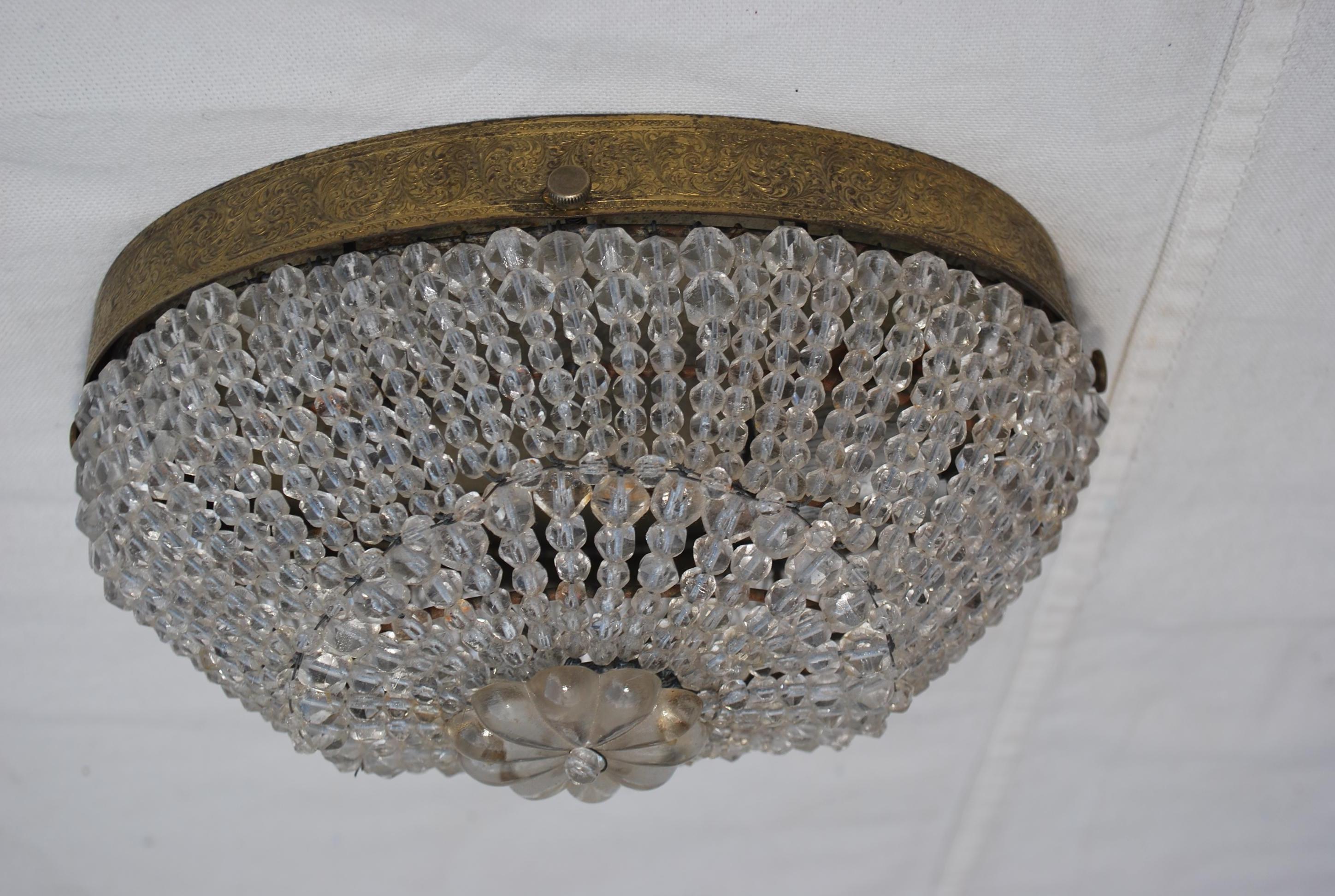 Metal Beautiful and Rare Small 1930's Beaded Flush Mount Light For Sale