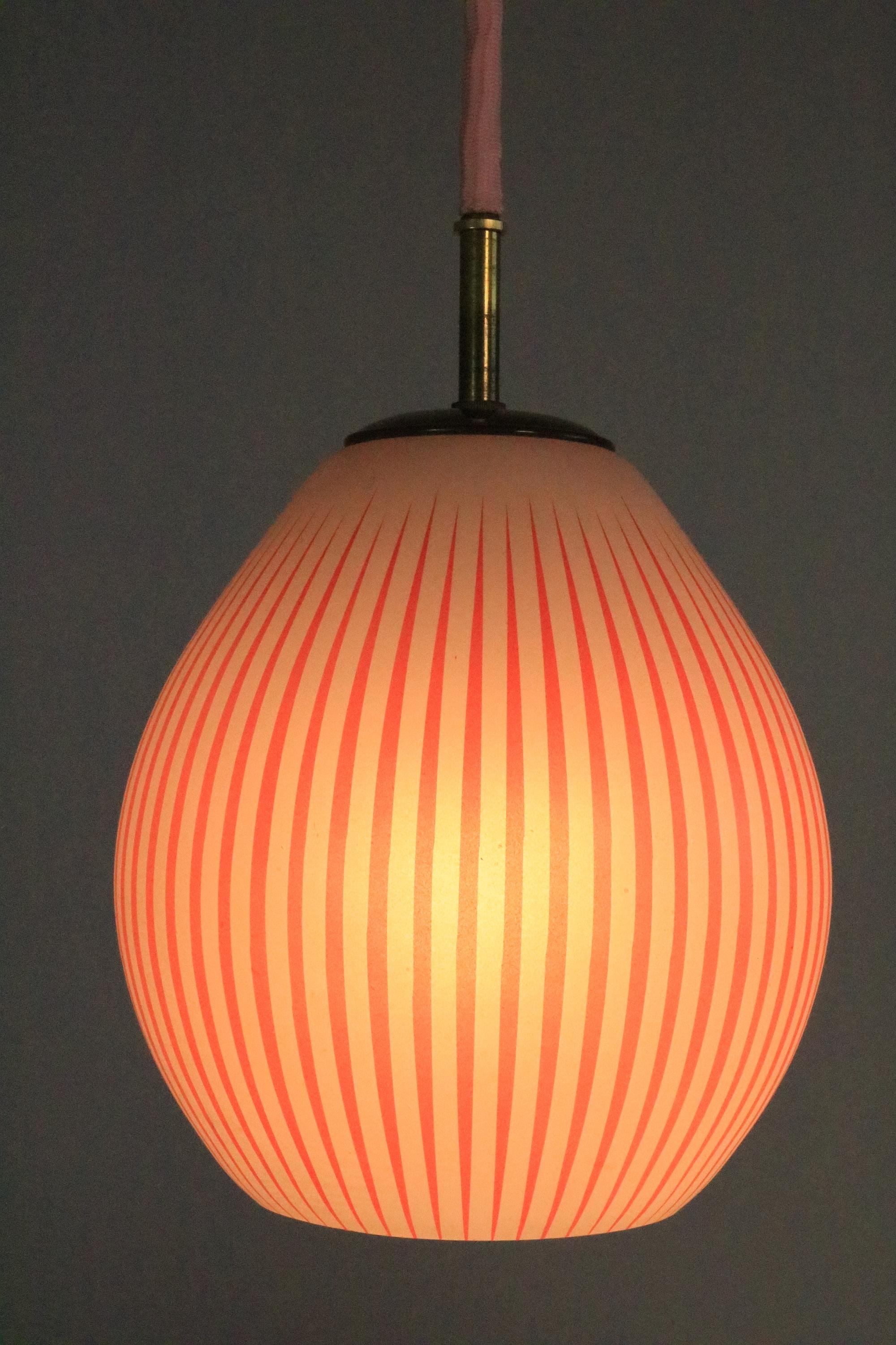 20th Century Beautiful and Small 1950s Hanging Glass Lamp, Red Stripes, Germany