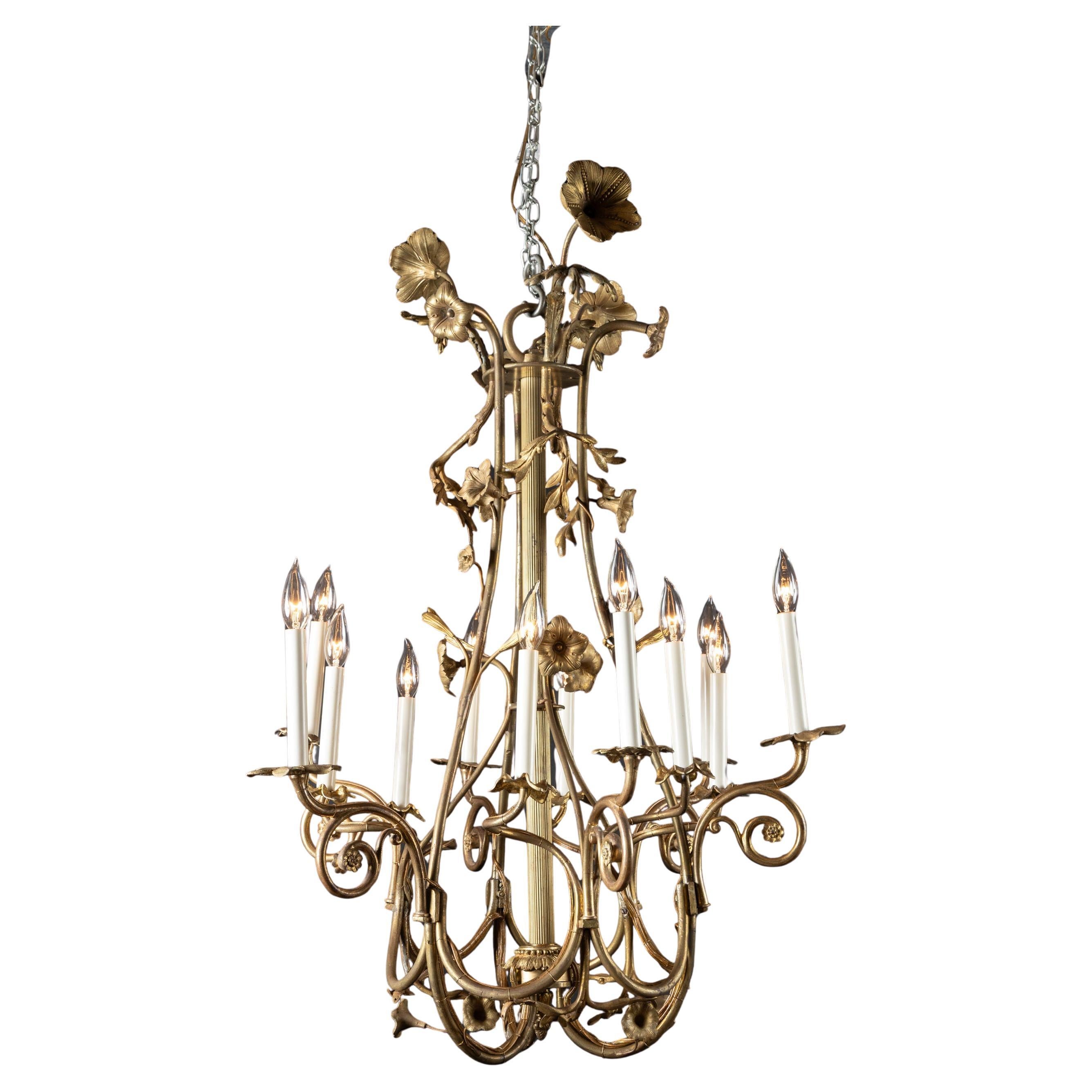 Beautiful and Unique French Art Nouveau Bronze Chandelier