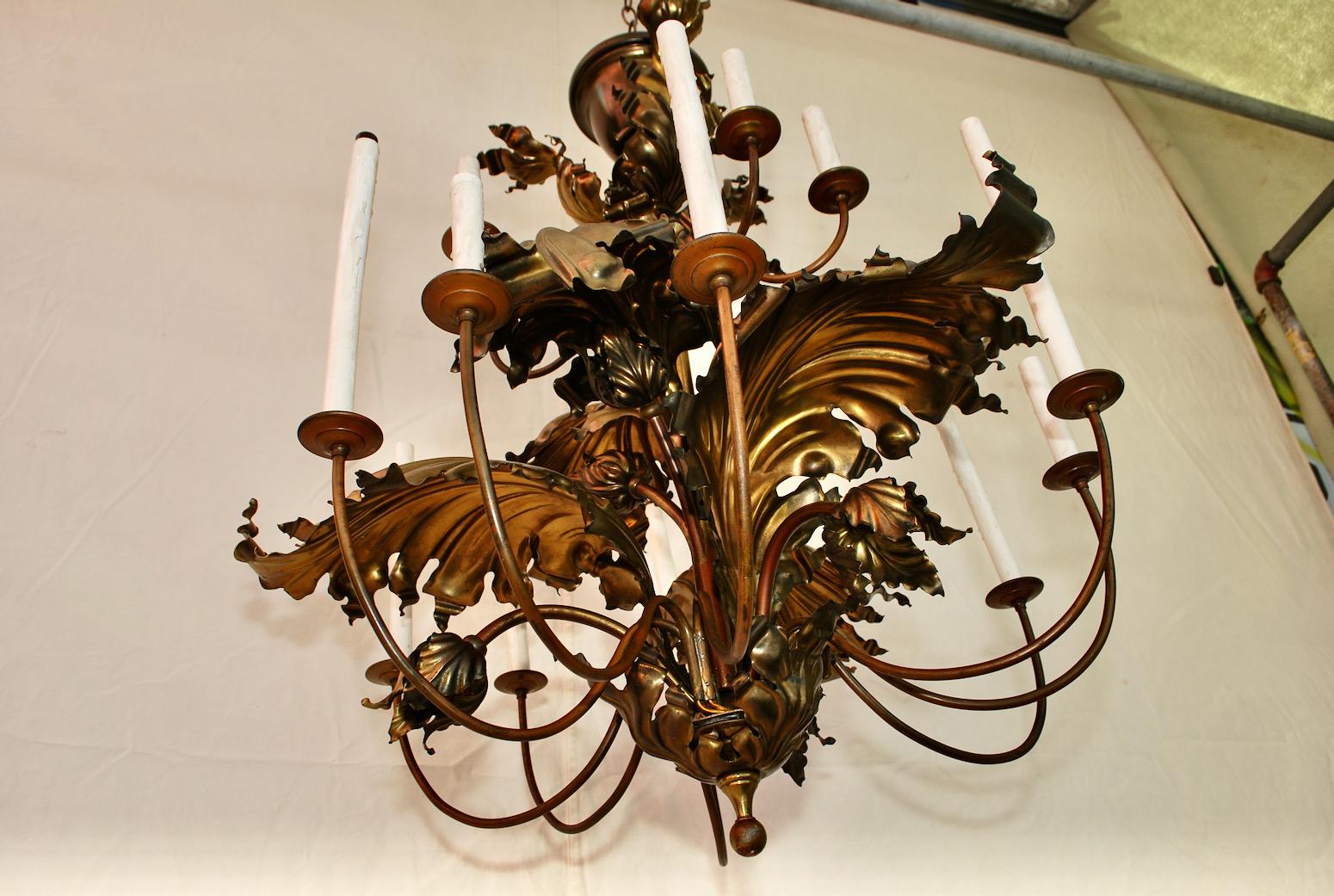 Brass Beautiful and Very Rare 1920's Large Leaves Chandelier For Sale
