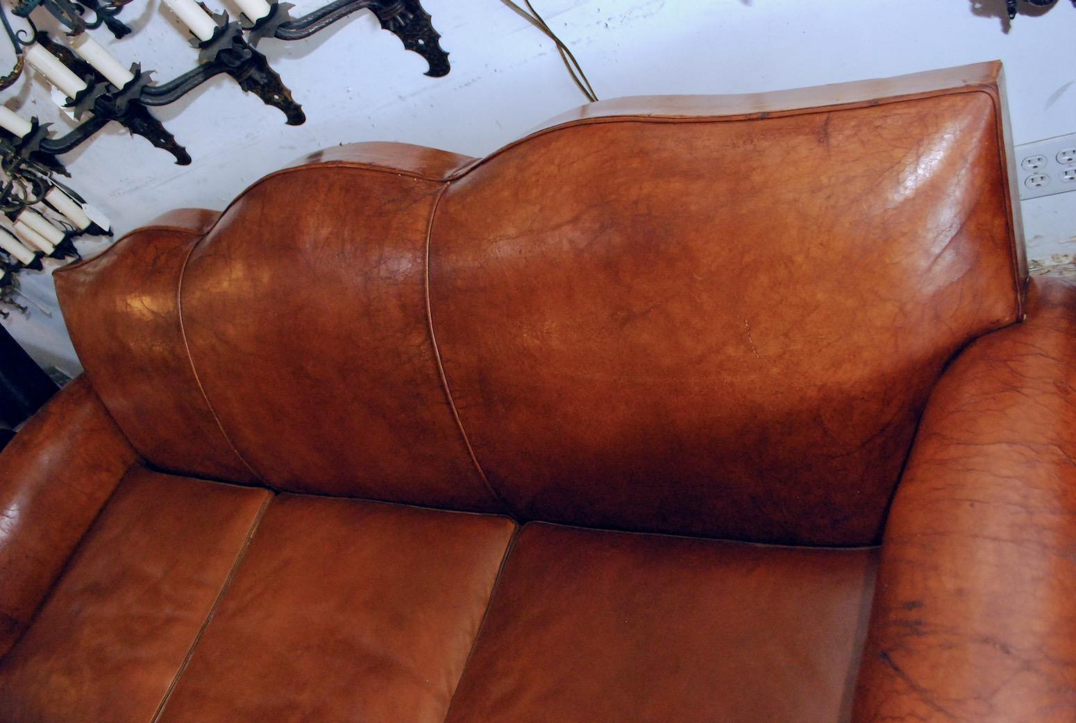 Beautiful and Very Rare Large French 1920s Leather Club Sofa In Good Condition In Los Angeles, CA