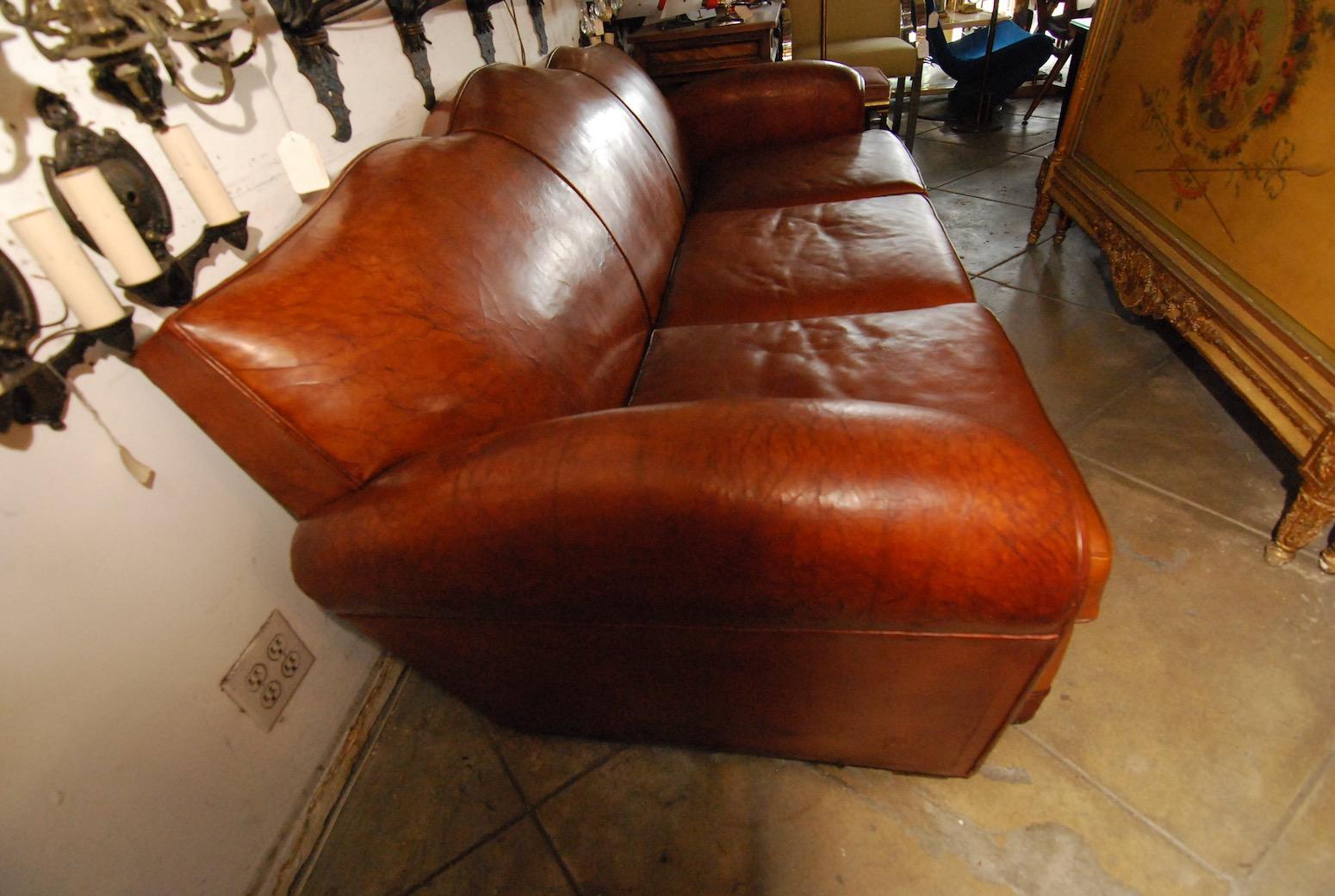 Beautiful and Very Rare Large French 1920s Leather Club Sofa 1