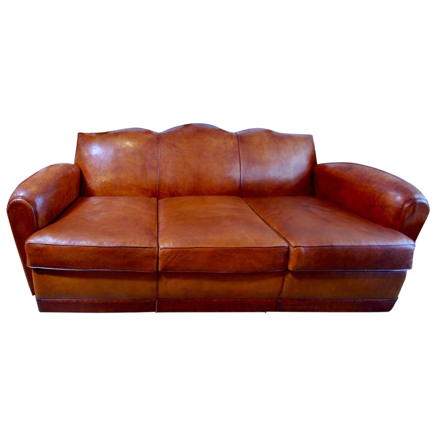 Beautiful and Very Rare Large French 1920s Leather Club Sofa