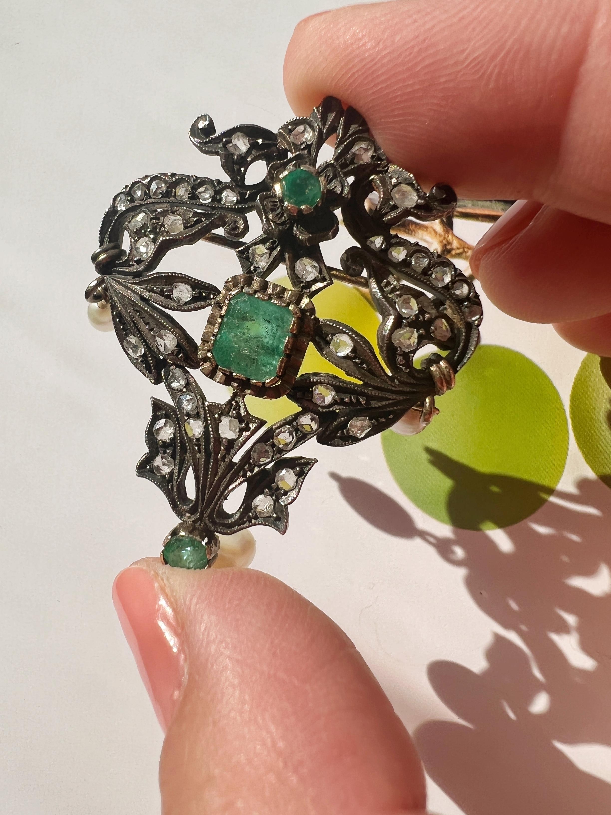 Beautiful Antique 18k Gold Floral Emerald Diamond Pearl Pendant Brooch 2